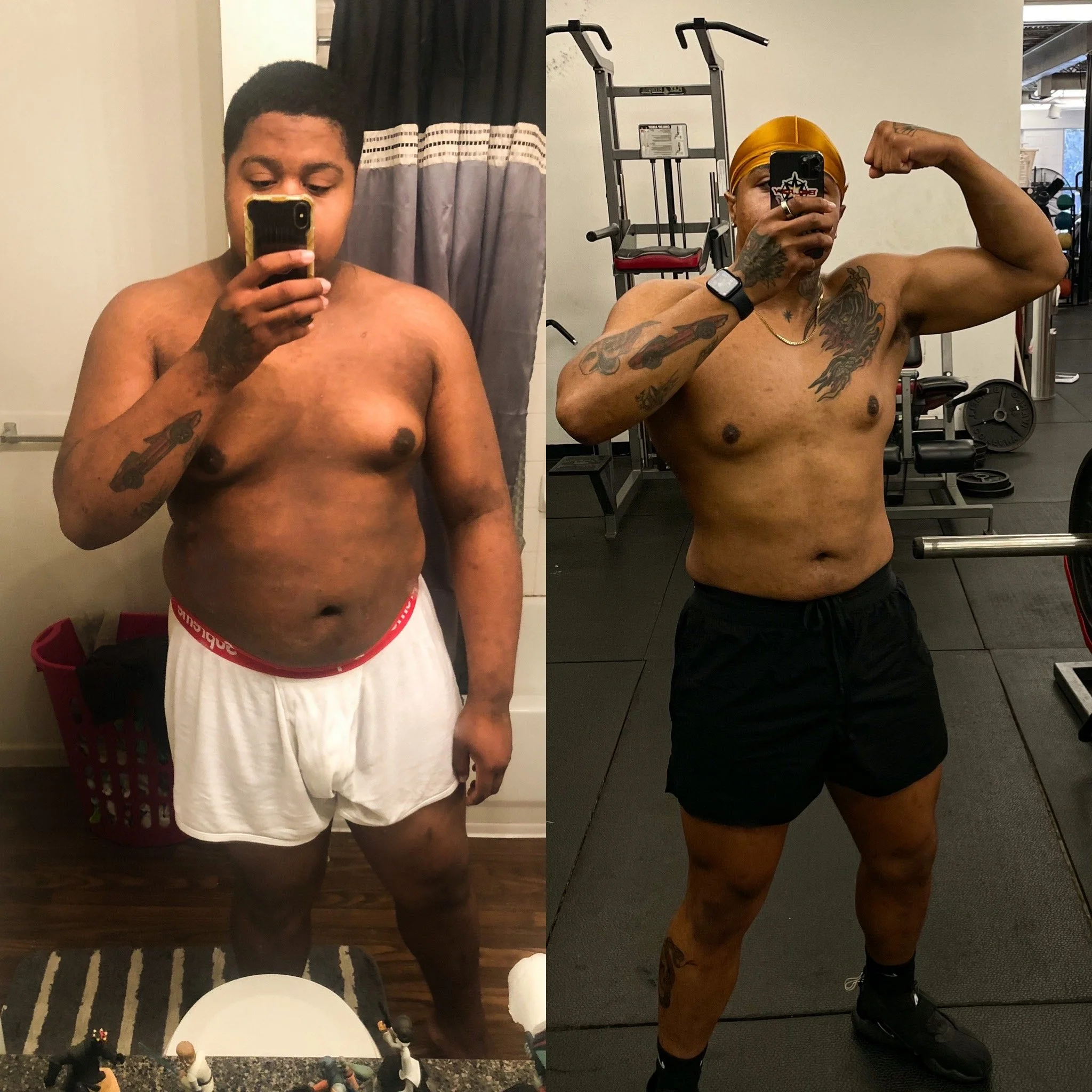 Side-by-side comparison of a man before and after workout showing physical transformation, muscular build, tattoos, and casual attire in a bathroom mirror and gym.