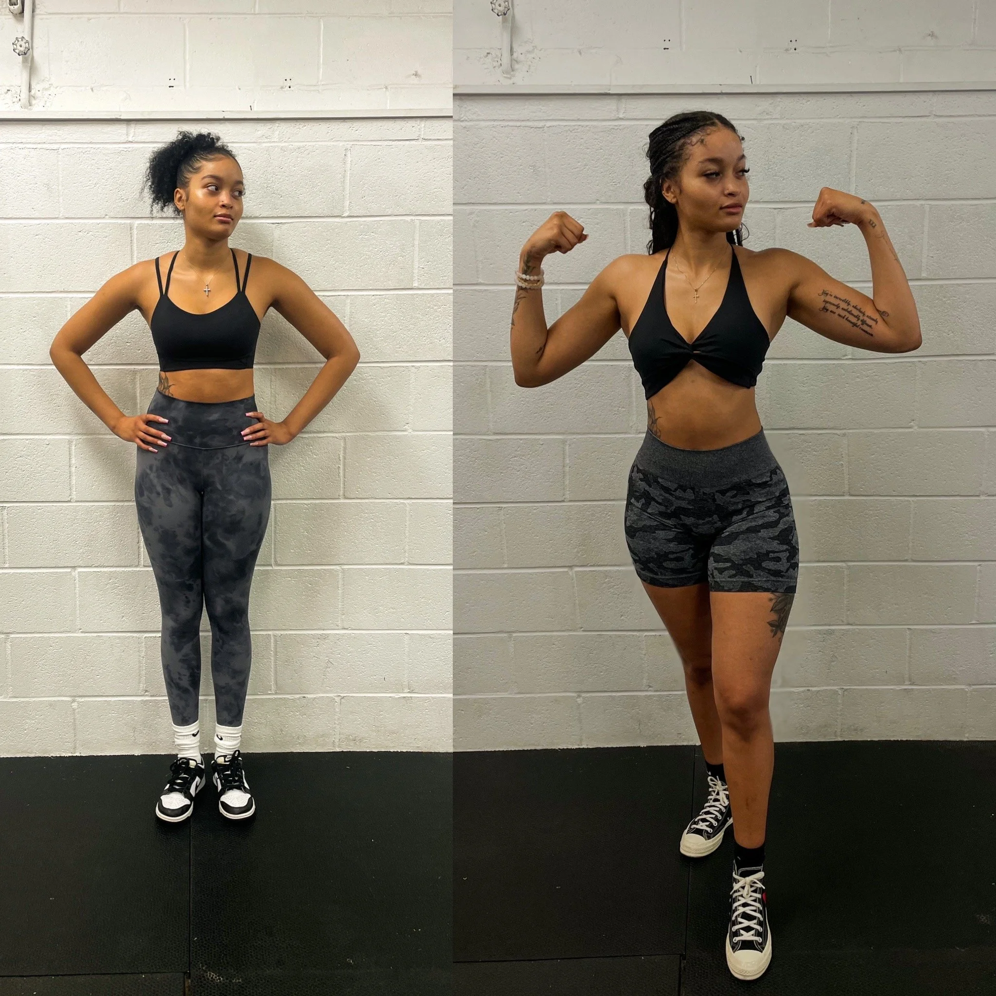 Side-by-side comparison of a woman before and after fitness transformation, wearing activewear, flexing muscles, standing against a white brick wall.