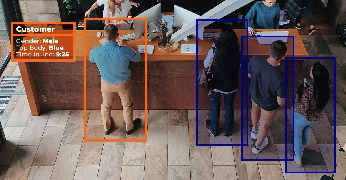 Bank teller line queue with client details identified in video analytics