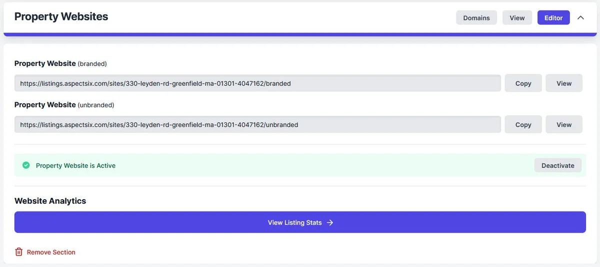 Screenshot of a property website management dashboard showing active status, property URLs, and analytics options.