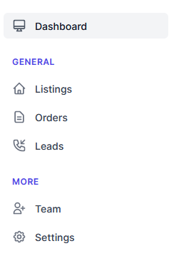 Screenshot of a sidebar menu with sections labeled Dashboard, General, Listings, Orders, Leads, More, Team, and Settings.