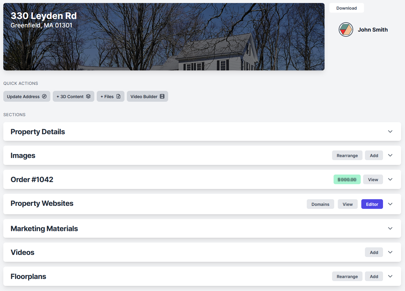 Screenshot of a real estate listing for 330 Leyden Road in Greenfield, Massachusetts, featuring a house with trees and a blue sky in the background.