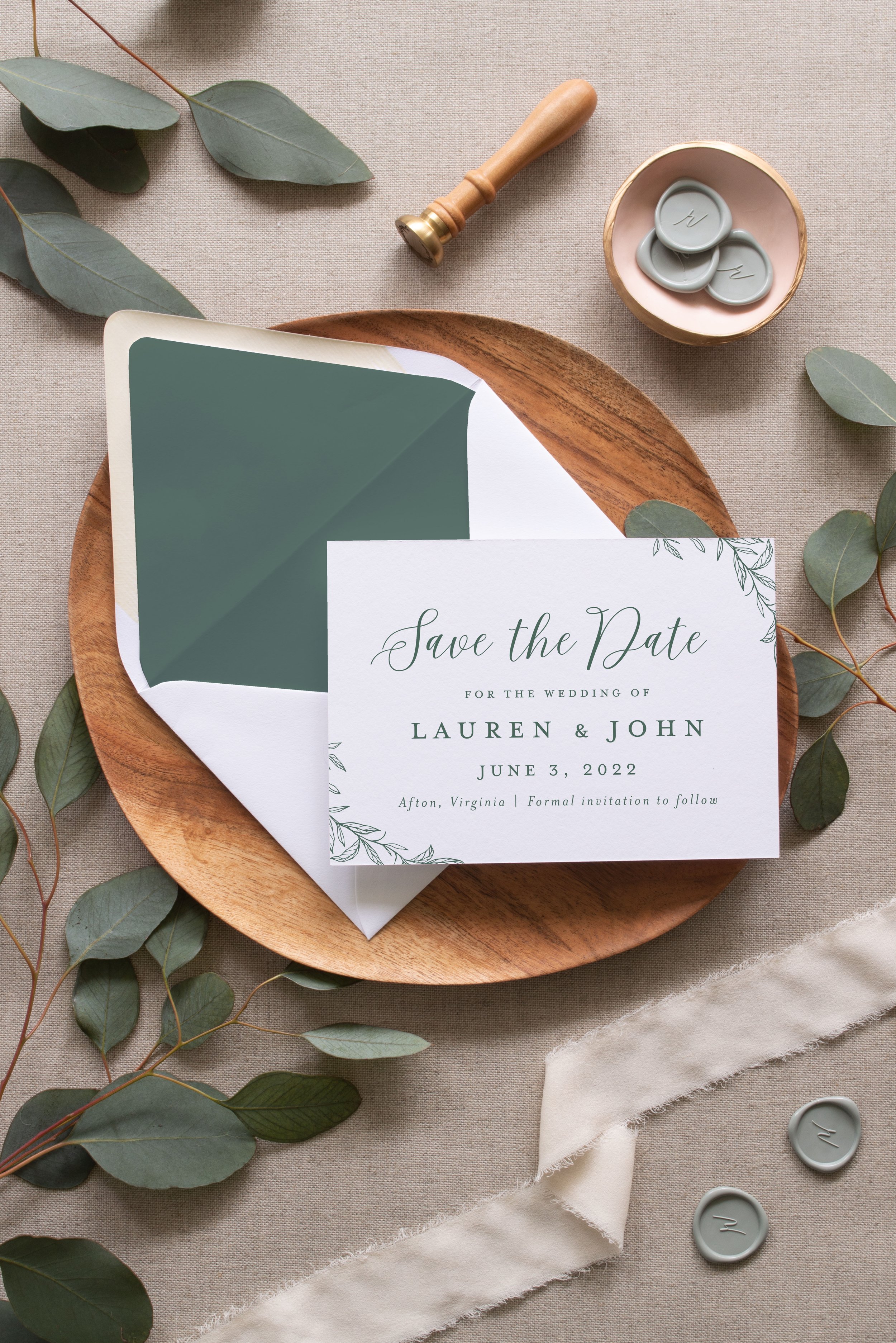 Ellery Save the Date text only and envelope with color envelope liner, size is 5 inches by 7 inches