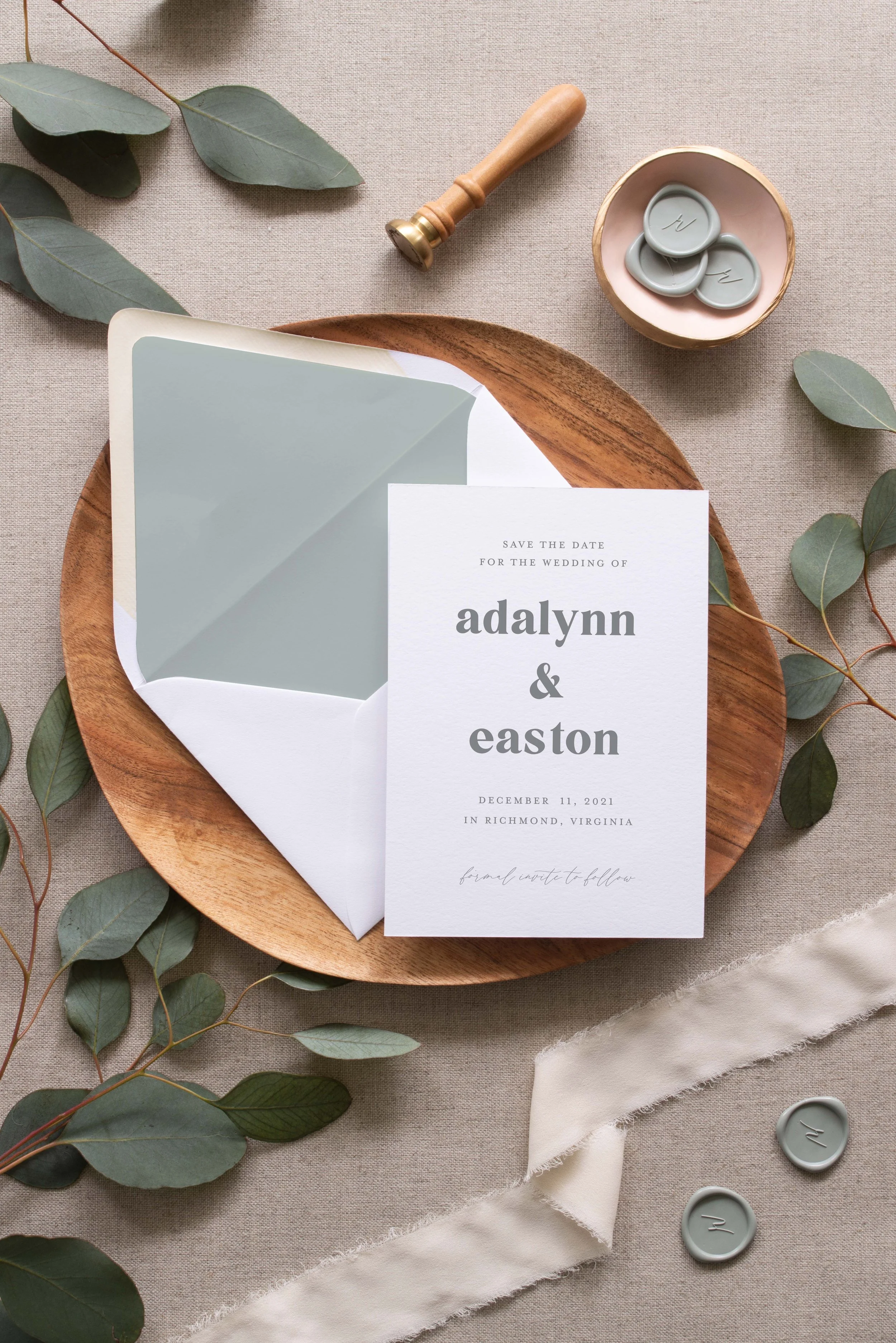 Ezra Save the Date text only and envelope with color envelope liner, size is 5 inches by 7 inches