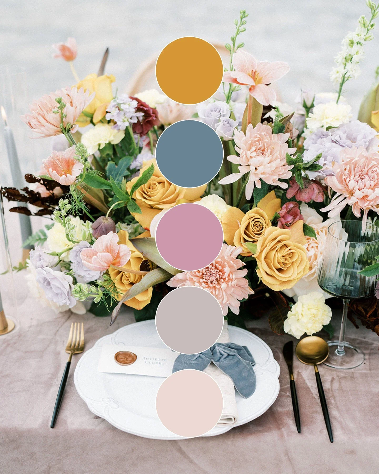Soft romance with a pop of warmth ✨⁣
⁣
This palette blends blush, champagne, petal pink, honey bronze, and mauve&mdash;a dreamy mix that feels equal parts feminine and elevated. Perfect for late-summer weddings, garden parties, or stationery suites w