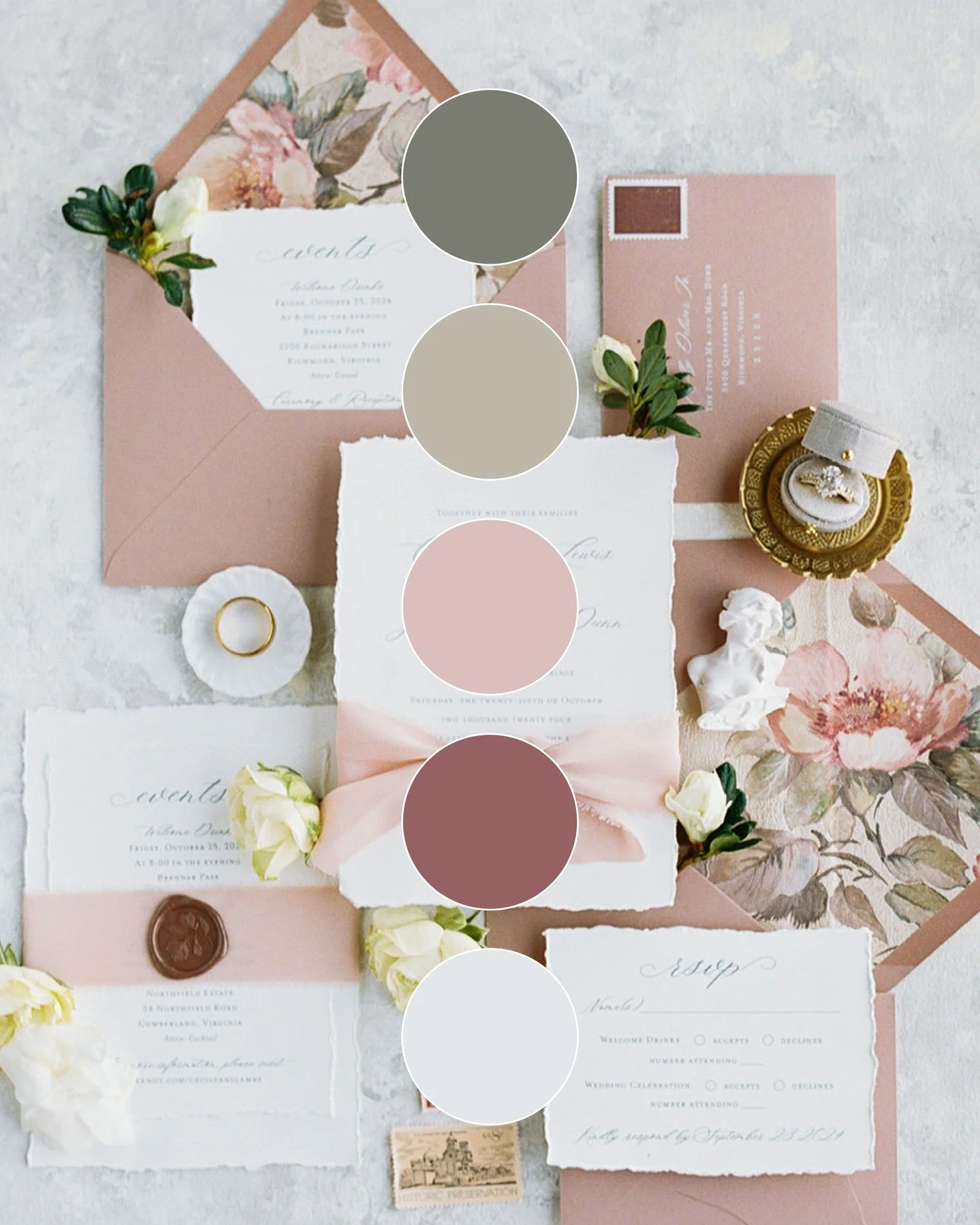 This palette has me swooning 😍 Soft blush, muted taupe, rich mauve, and grounding neutrals&mdash;it&rsquo;s a timeless combo that works year-round, but there&rsquo;s something about it that feels especially perfect for fall weddings. 🍂✨⁣
⁣
Romantic