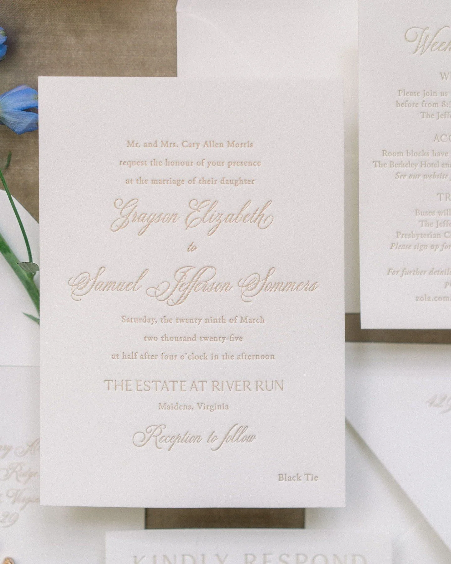 One of our favorite parts of designing wedding paper? Letterpress. ✨⁣
⁣
If you&rsquo;ve ever held a letterpress invitation, you know&mdash;it feels different. The process is centuries old: each piece is pressed into thick, cotton paper using a metal 