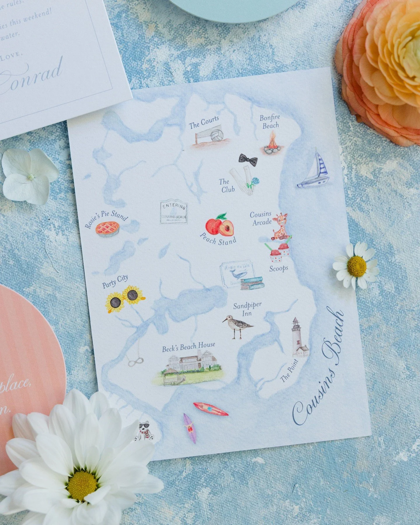 I painted this Cousins Beach map in just one weekend&mdash;planning, painting, scanning, and editing nonstop. Maps are definitely a labor of love, but the end result always feels like magic. 🖌💌⁣
⁣
Did you know we offer custom watercolor maps for we