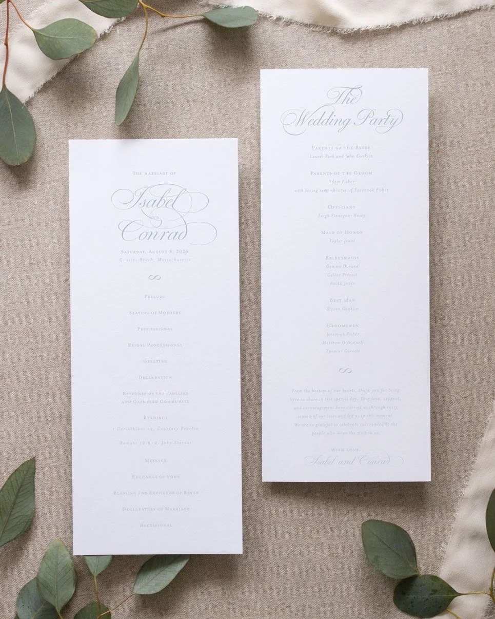 I had so much fun with this ceremony program for Isabel + Conrad 🤍⁣
⁣
Part of The Beck Collection, it perfectly balances coastal elegance with a subtle nod to The Summer I Turned Pretty love story we all can&rsquo;t stop thinking about.⁣
⁣
Now the r