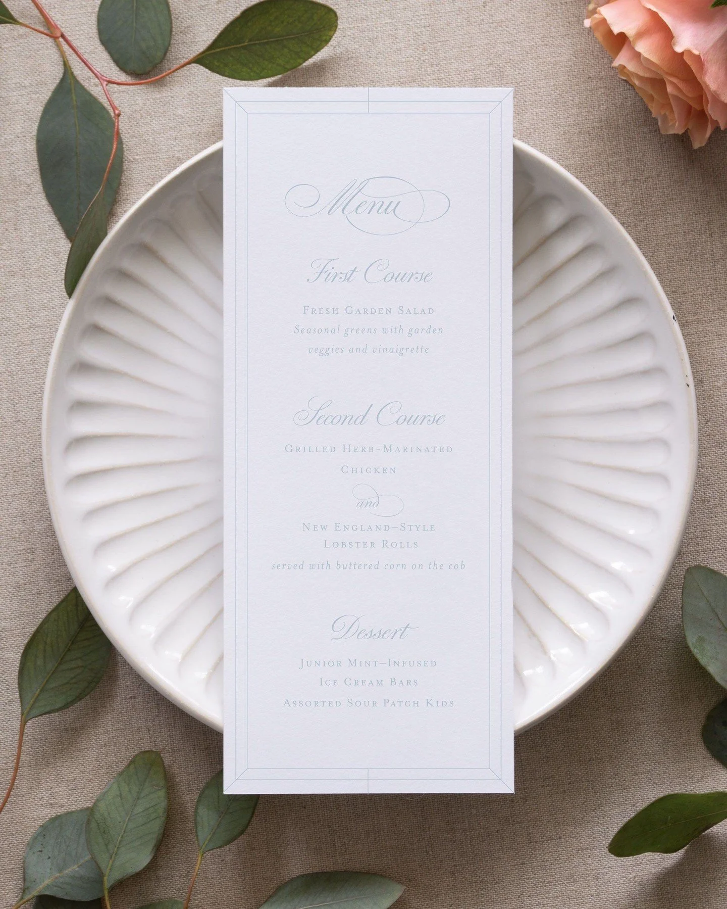 The Beck Seated Dinner Menu 🍽✨⁣
⁣
A refined yet coastal-inspired menu design featuring soft typography and delicate border detailing &mdash; part of The Beck Collection, inspired by The Summer I Turned Pretty.⁣
⁣
Perfect for seated dinners and recep