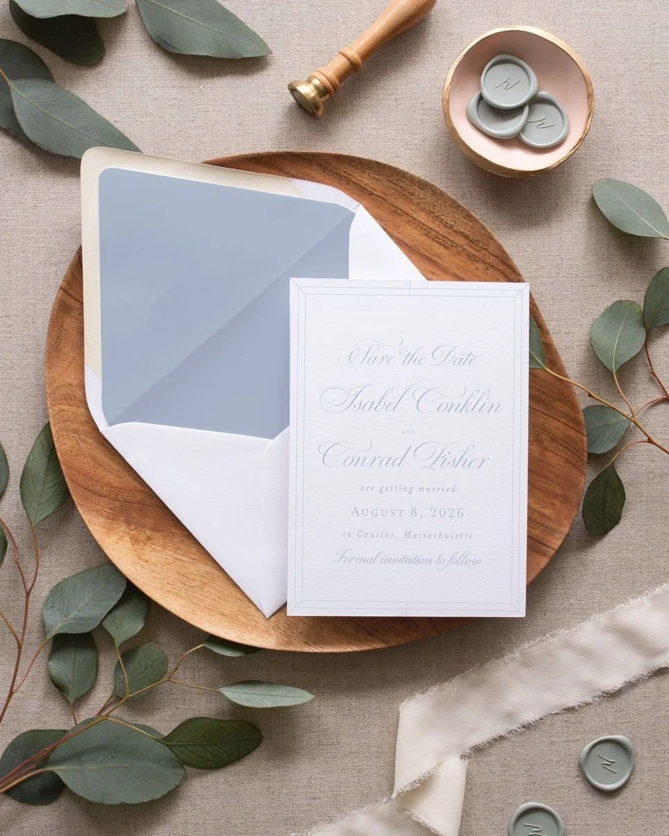 The Beck Save the Date 💌✨⁣
⁣
An elegant way to kick off your wedding paper and set the tone for your invitation suite and day-of paper goods.⁣
⁣
Shown here is the non-photo option &mdash; a timeless, refined design that pairs beautifully with the fu