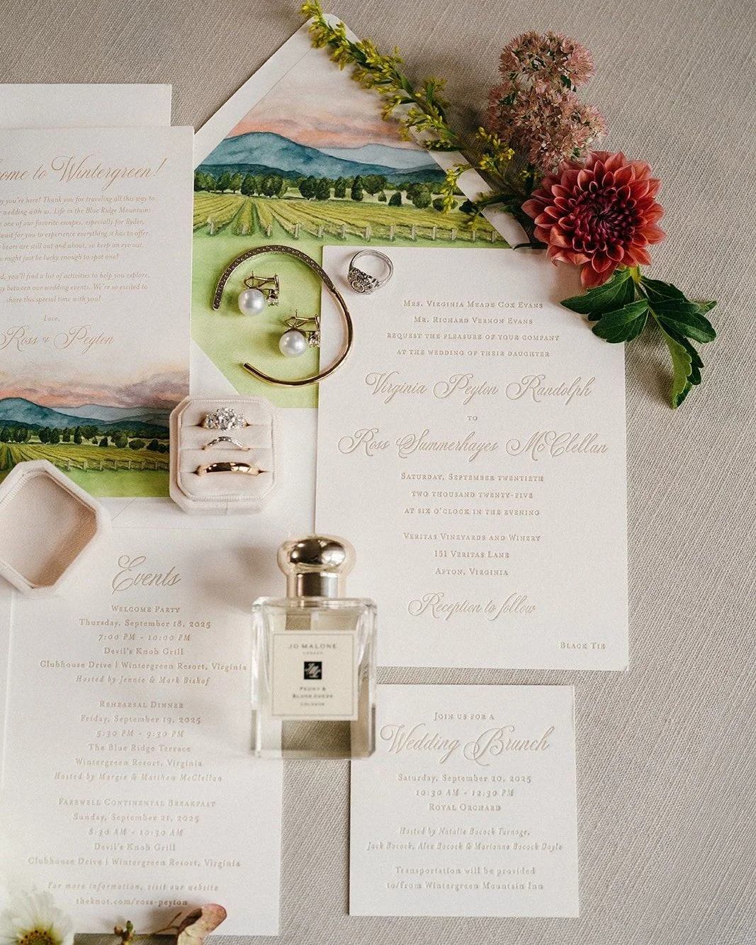 Inspired by the rolling vines and sunset views at Veritas, this Darcy Collection suite brings the Blue Ridge Mountains to life through soft watercolor and delicate Prosecco letterpress.⁣
A heartfelt nod to the place where said 'I do' ✨⁣
⁣
✨ Explore t