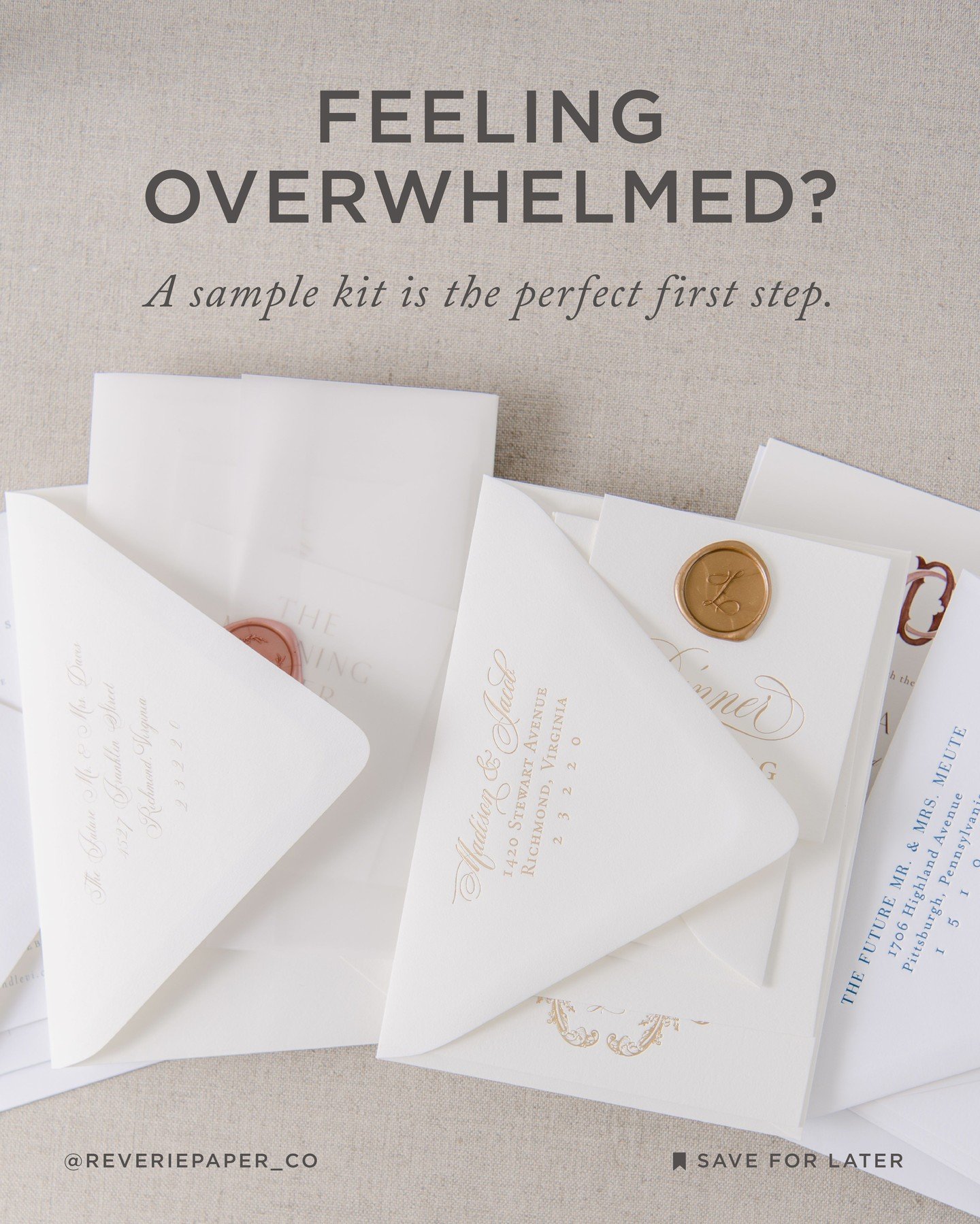 Feeling overwhelmed by all the invitation options?⁣
⁣
You&rsquo;re not alone 🤍⁣
⁣
A Sample Kit lets you explore papers, print methods, and envelope colors in person&mdash;so you can make decisions with confidence.⁣
⁣
✨ Order your Sample Kit on rever