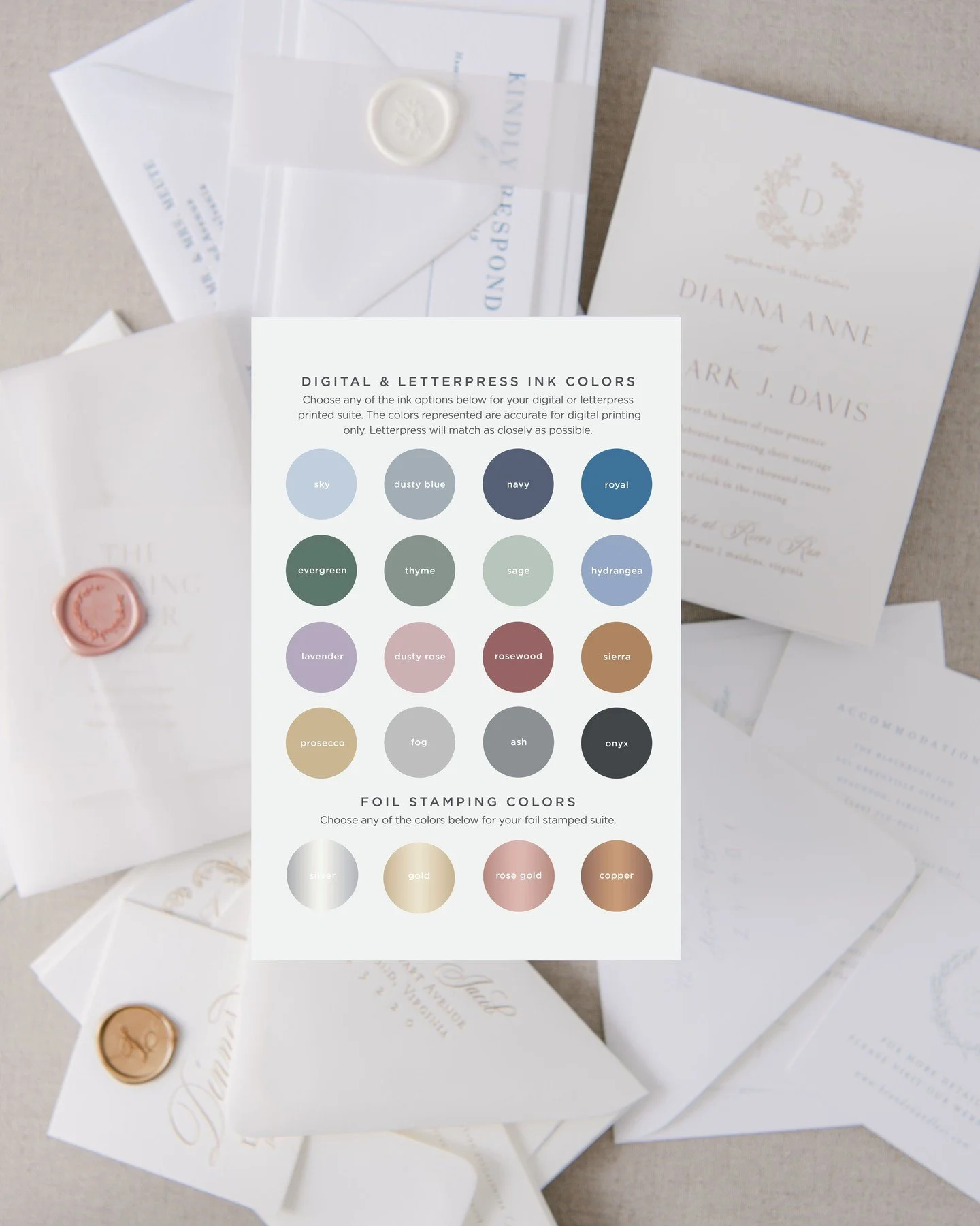 Before we design your suite, you get to experience everything firsthand&mdash;paper weights, print methods, ink colors, wax seals, and more.⁣
⁣
A Sample Kit helps you explore your options and discover what you truly love.⁣
⁣
✨ Purchase your Sample Ki