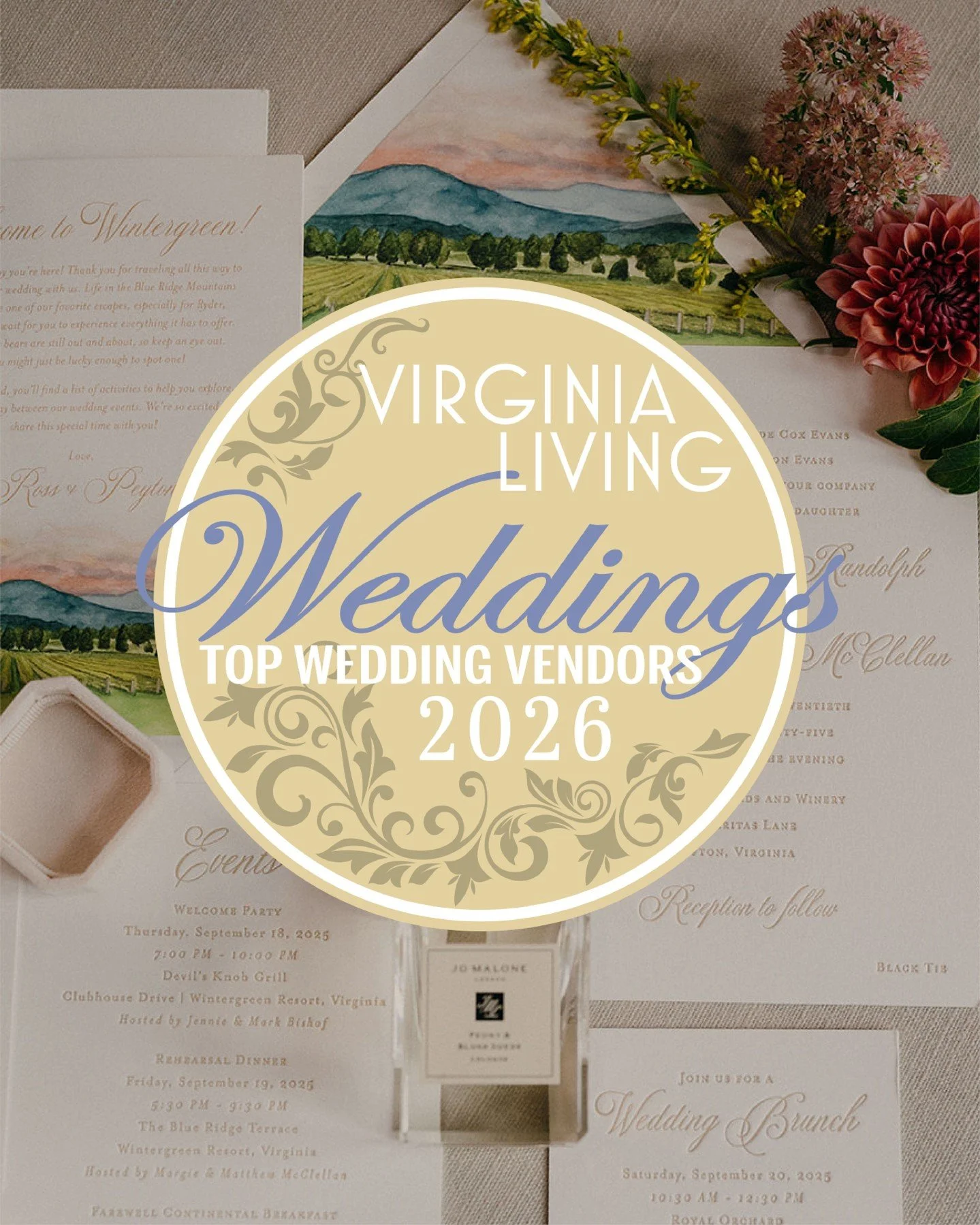 Honored to share that Reverie Paper Co. has been named one of Virginia Living&rsquo;s Top Wedding Vendors for 2026 ✨⁣
⁣
Designing wedding paper inspired by Virginia&rsquo;s landscapes, venues and love stories is at the heart of what I do &mdash; from