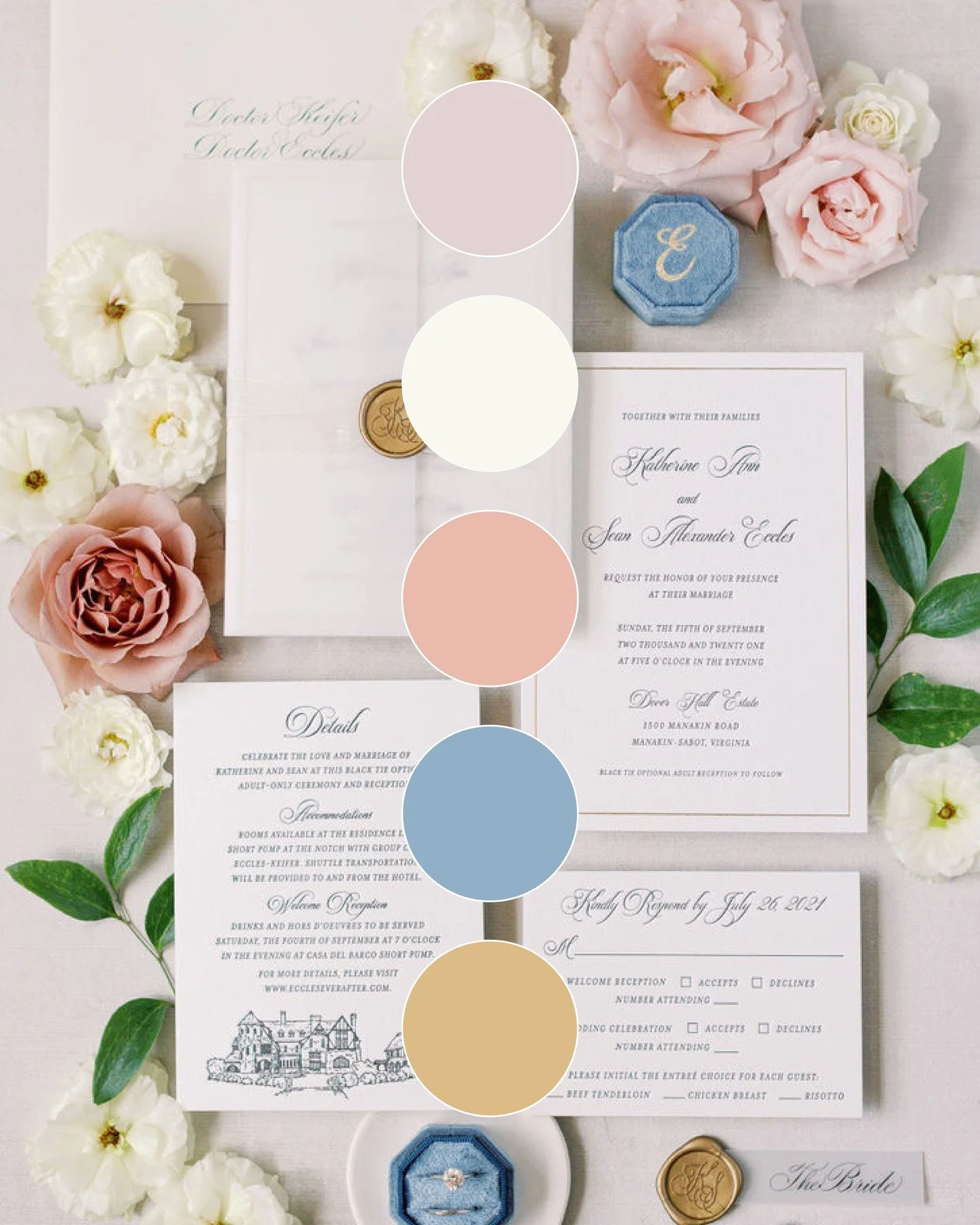 A spring palette in full bloom 🌸⁣
⁣
Soft blush, creamy ivory, warm peach, dusty blue, and muted gold come together to create a color story that feels fresh, romantic, and effortlessly timeless. Inspired by garden florals and golden-hour light, this 