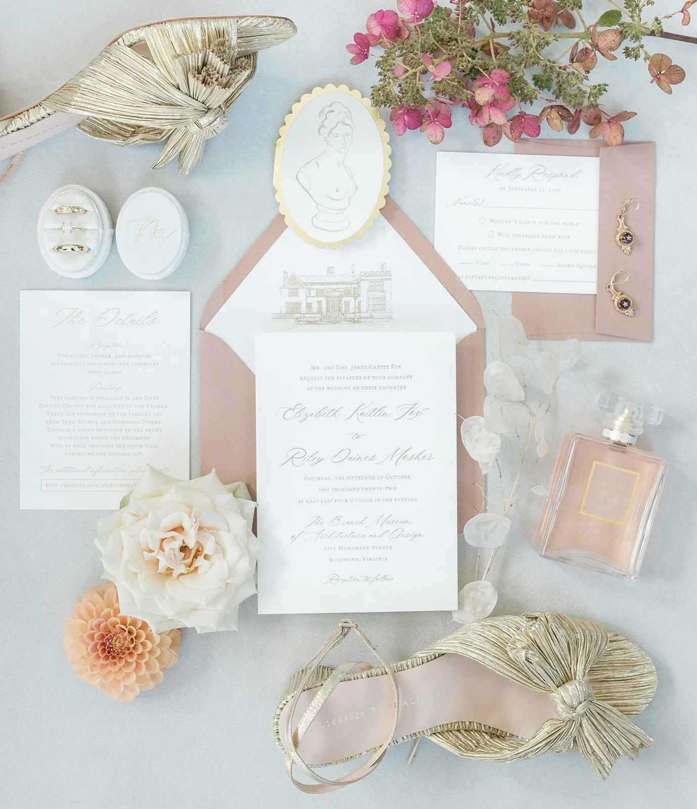 A celebration rooted in art, architecture, and timeless detail ✨⁣
⁣
This gold foil invitation suite was designed to honor The Branch Museum of Architecture &amp; Design, featuring a custom illustration of the building pressed into soft, luminous foil