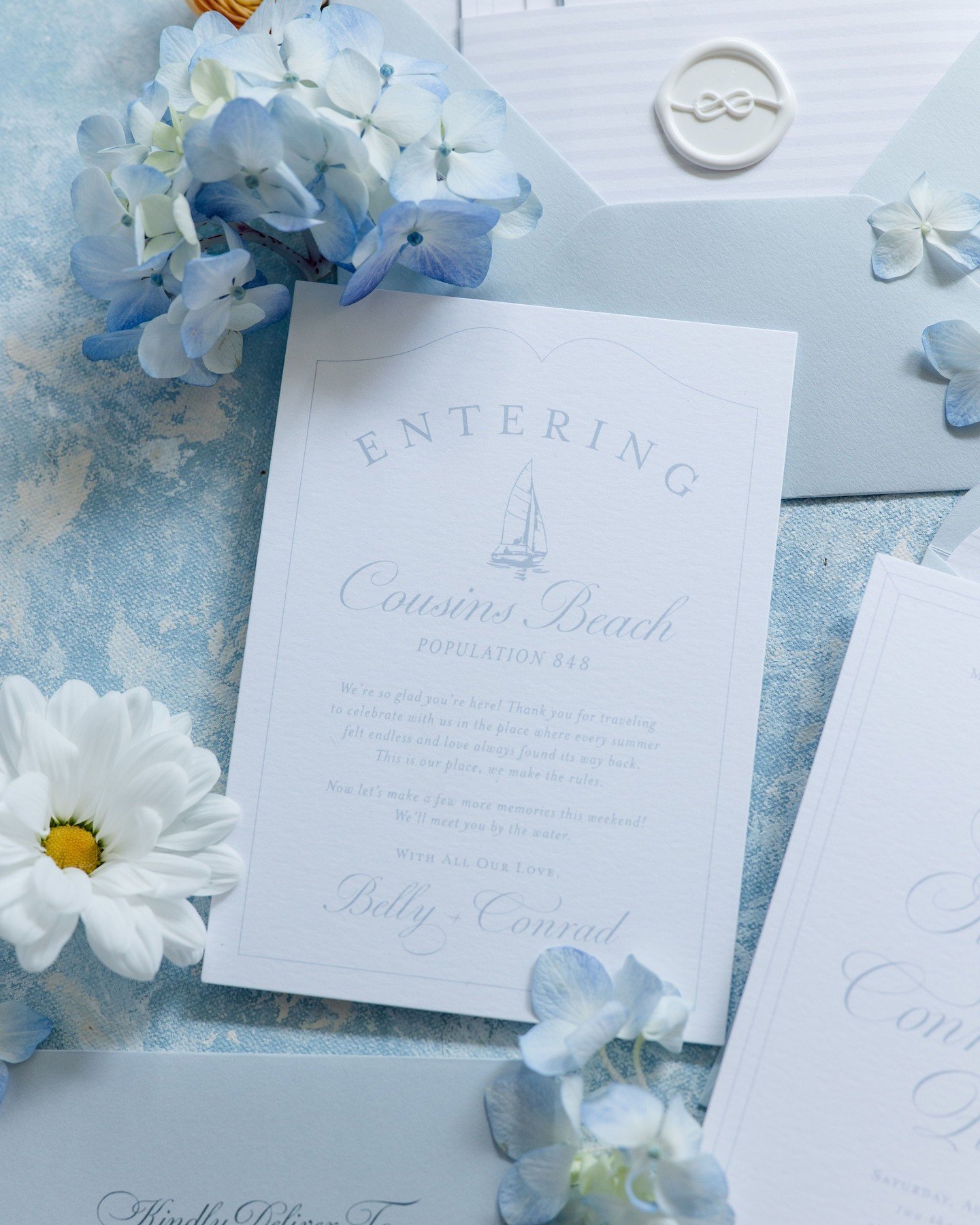 Entering Cousins Beach 🌊🤍⁣
⁣
A welcome card imagined from Belly &amp; Conrad, greeting their guests the moment they arrive&mdash;setting the tone for a weekend filled with salt air, long conversations, and memories made by the water.⁣
⁣
This simple