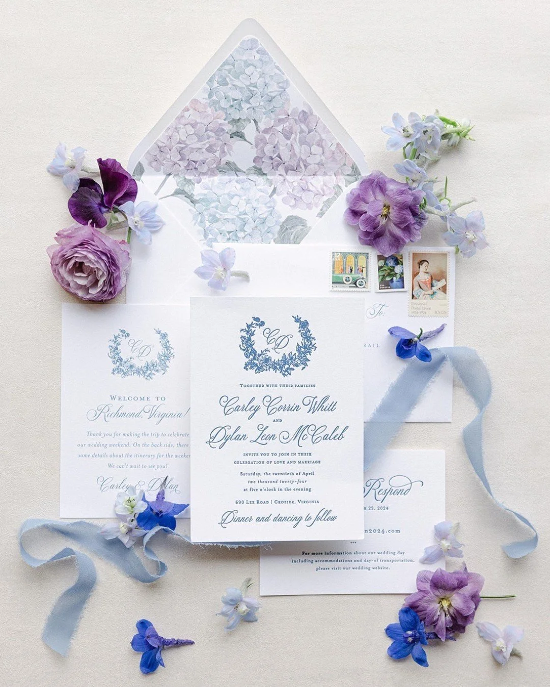 Soft blues, delicate florals, and timeless details&mdash;an invitation suite designed to feel effortlessly romantic. 💙

From the hydrangea-lined envelope liner to the refined monogram crest, every element of this suite was thoughtfully curated to se