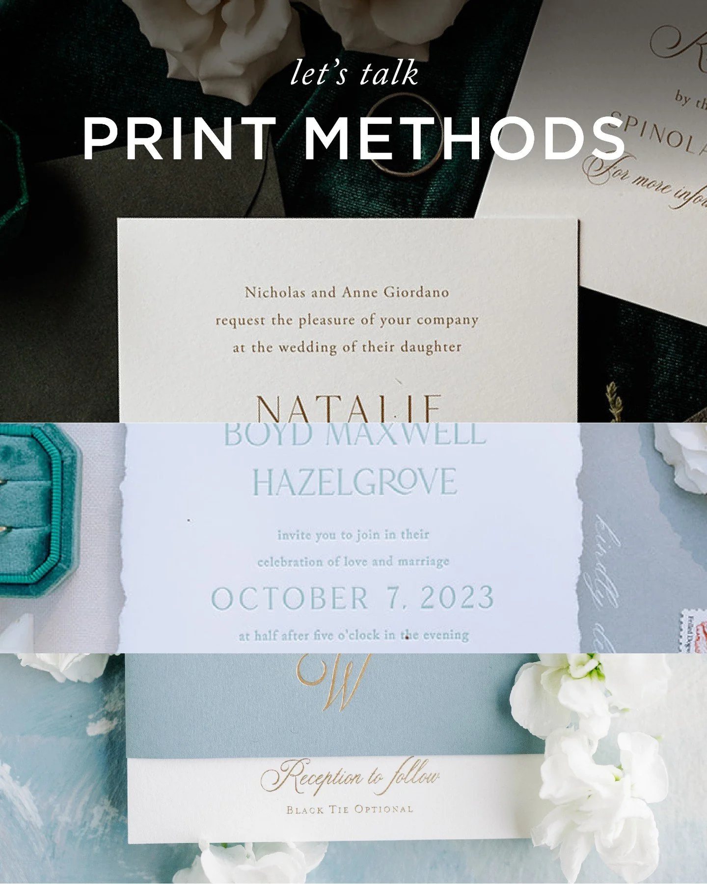 Let&rsquo;s talk print methods&mdash;because how your invitations are printed matters just as much as how they&rsquo;re designed 🤍

Here&rsquo;s a breakdown of the most common options + what to consider:

DIGITAL PRINTING
Ink sits flat on the paper.