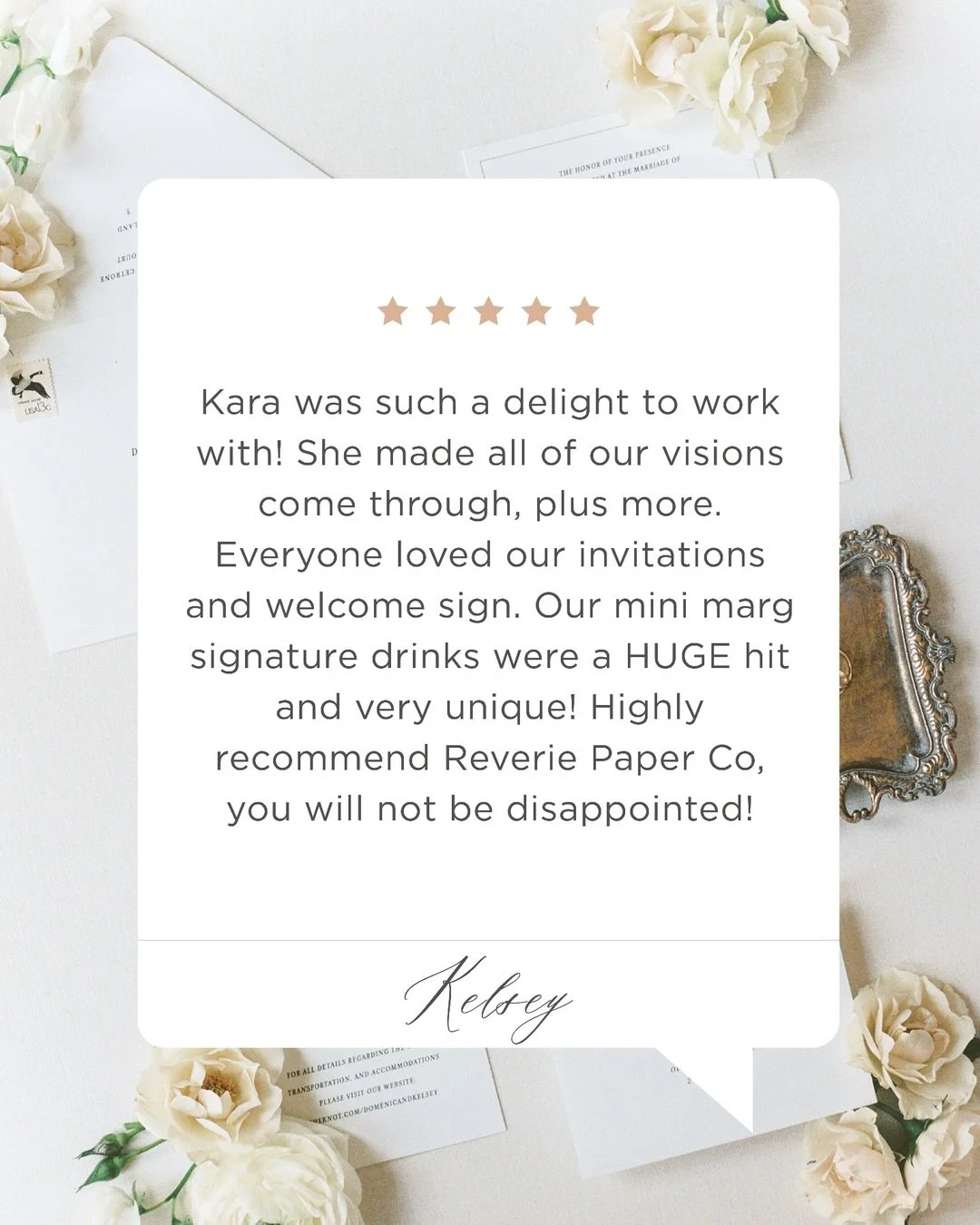Kelsey, thank you for your incredibly kind words. It was such a joy bringing your vision to life, from your invitations to your welcome sign and those unforgettable mini marg details (still not over them). Knowing your guests loved everything just as