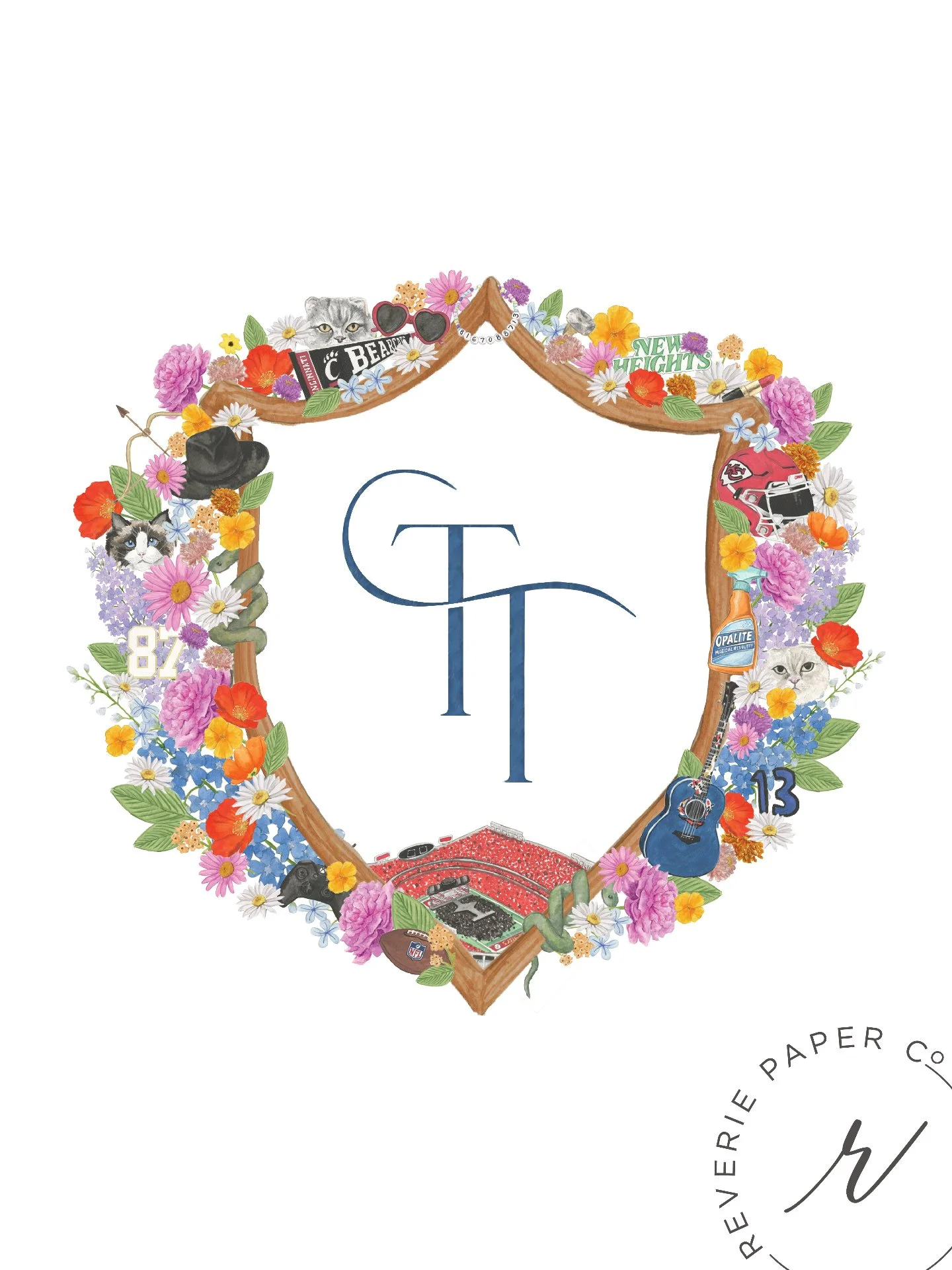If Taylor and Travis asked us to design their wedding crest... here's how we'd tell their story. 🤍✨

Every symbol was chosen intentionally. Here's your Easter egg guide:

#️⃣13 &amp; 87 &mdash; Her lucky number and his jersey number.
📿 Friendship b