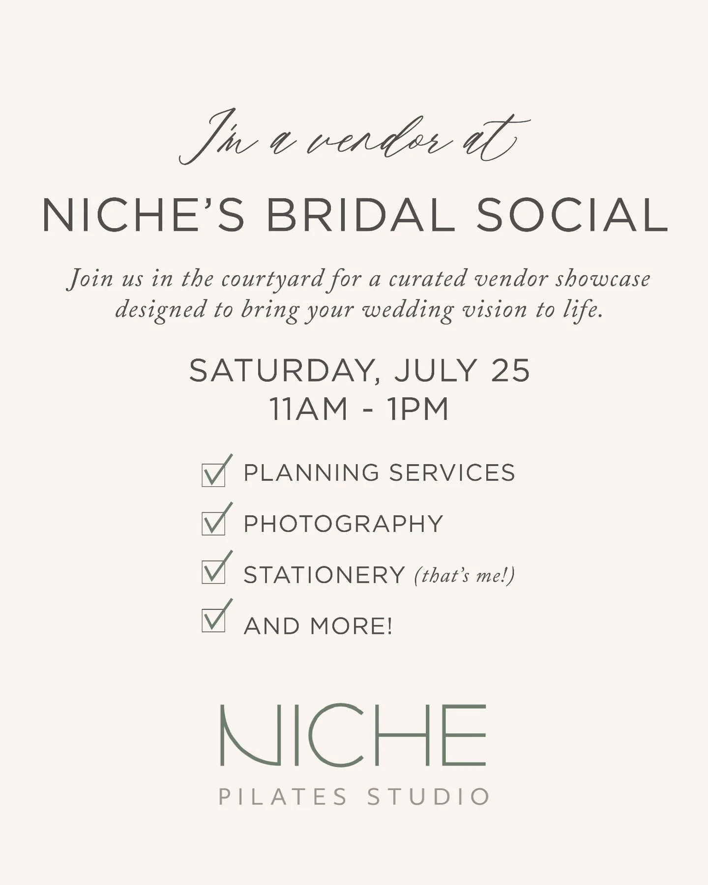 Richmond-area couples, come say hi! 🤍

I'll be at Niche's Bridal Social on Saturday, July 25 from 11 AM&ndash;1 PM, alongside a curated group of wedding professionals ready to help bring your wedding vision to life.

If you're newly engaged, finaliz