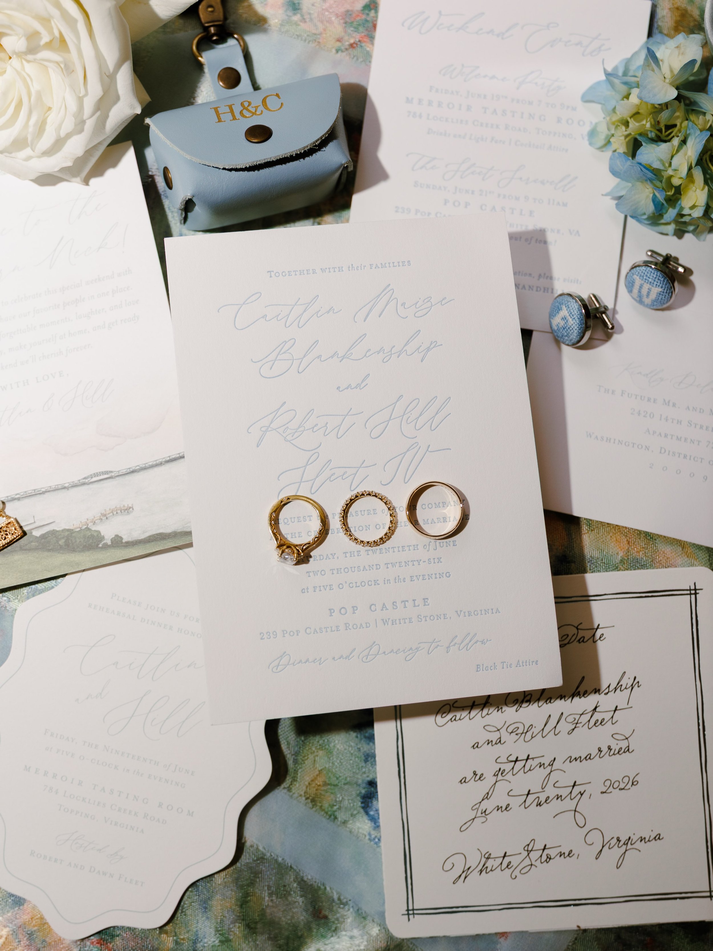 A wedding on the water, told through the details. 🤍
For this June wedding, we created a collection of custom wedding stationery and day-of paper that pulled inspiration directly from the couple, their story, and the place where they said &ldquo;I do