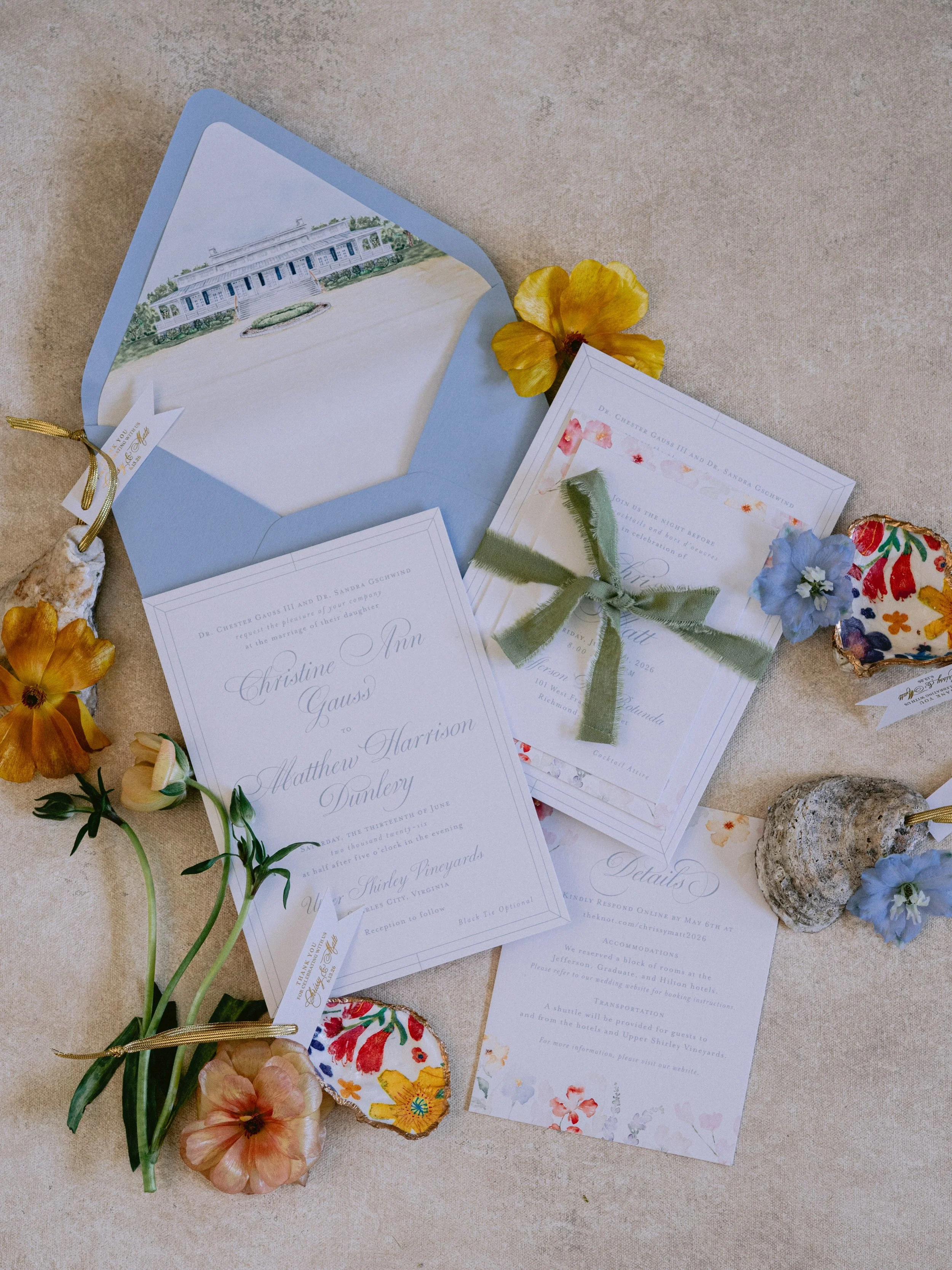For Chrissy + Matt&rsquo;s June wedding at Upper Shirley Vineyards, custom watercolor details created a thread that carried from the invitation suite all the way through the reception.

Their invitations featured a watercolor illustration of the venu