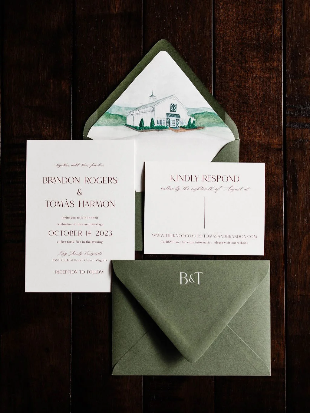 Consider this your sign that fall wedding stationery doesn&rsquo;t have to mean pumpkins and orange. 

For Brandon + Tom&aacute;s&rsquo; October wedding at King Family Vineyards, the Harper Suite took on a rich, romantic fall palette with deep green 