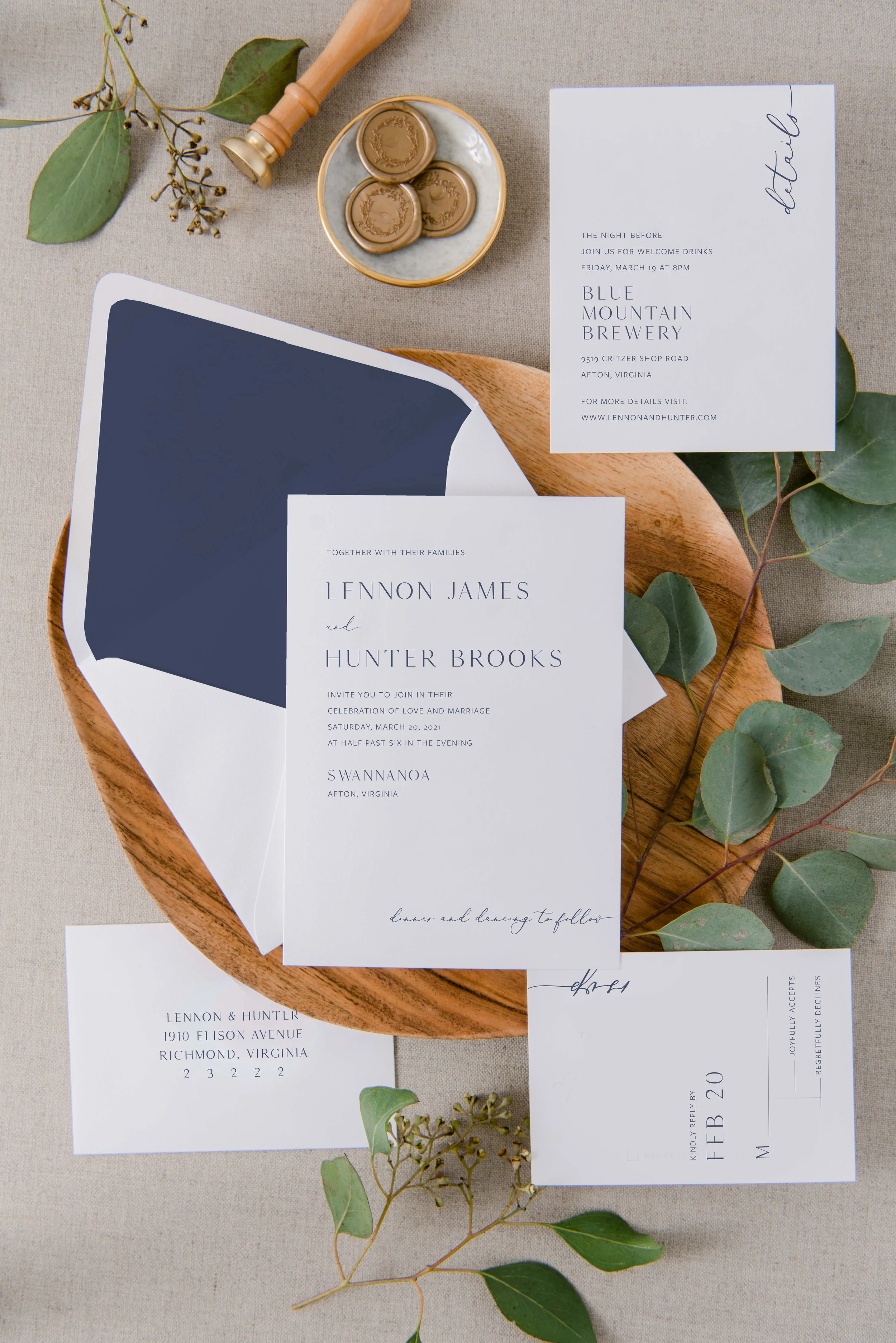 Lennon Five-Piece Suite with wedding invite, response card, details card, invite and response envelopes with return address.