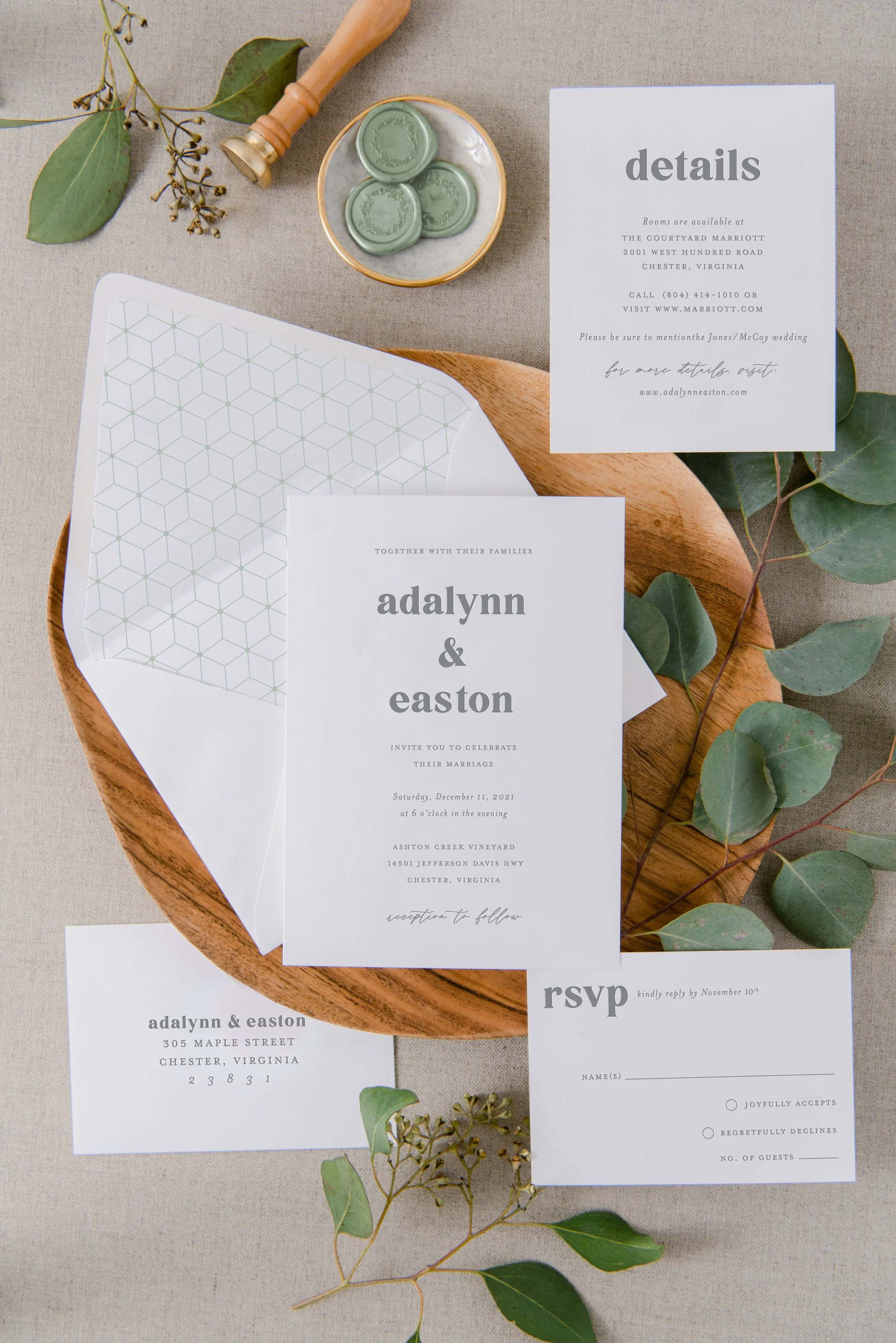 Ezra Five-Piece Suite with wedding invite, response card, details card, invite and response envelopes with return address.