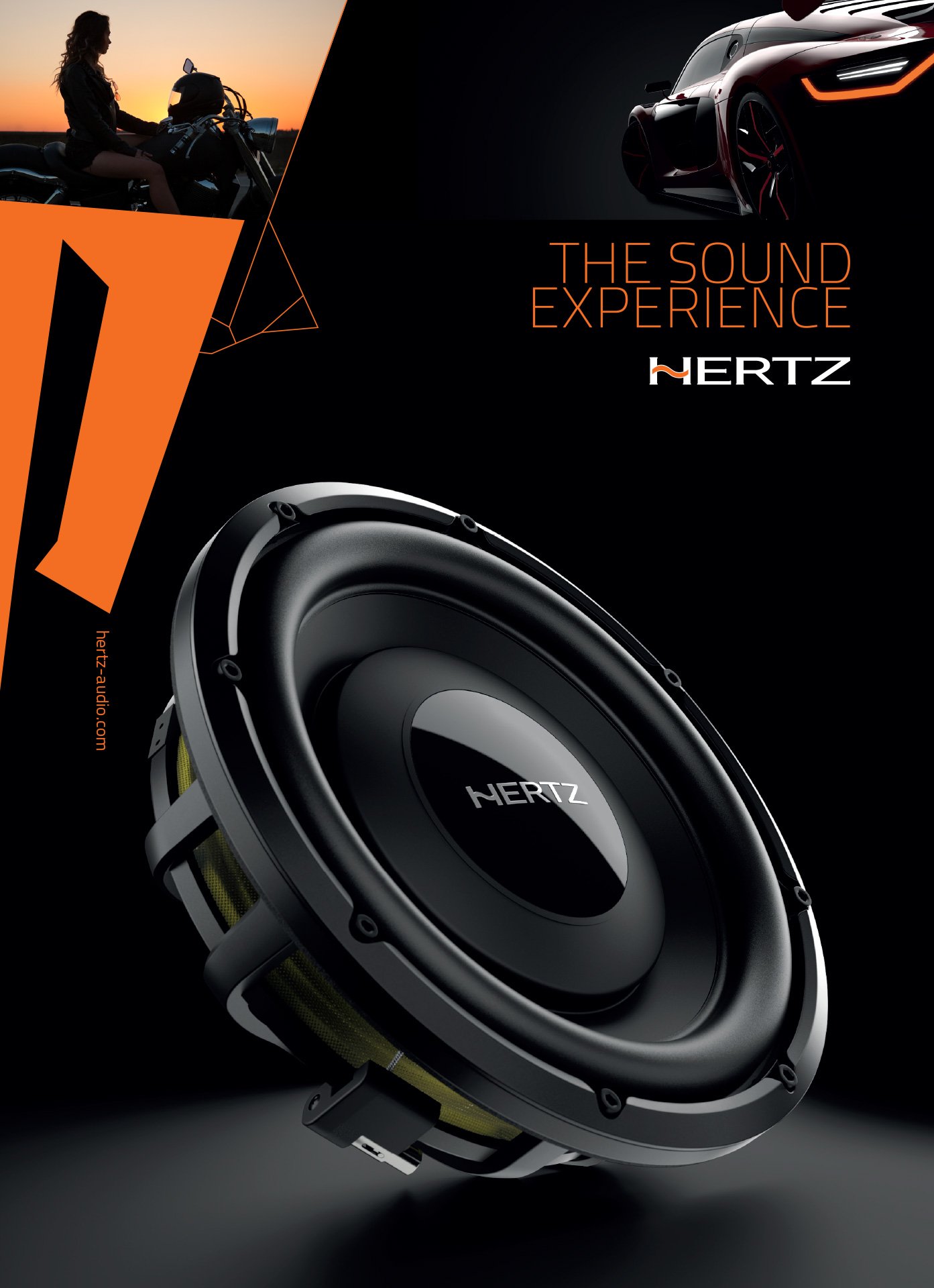 A promotional poster for Hertz featuring a large subwoofer speaker in the foreground, a sleek red sports car in the background, and a silhouette of a woman riding a motorcycle at sunset in the top left corner, with the text "The Sound Experience" above the Hertz logo.