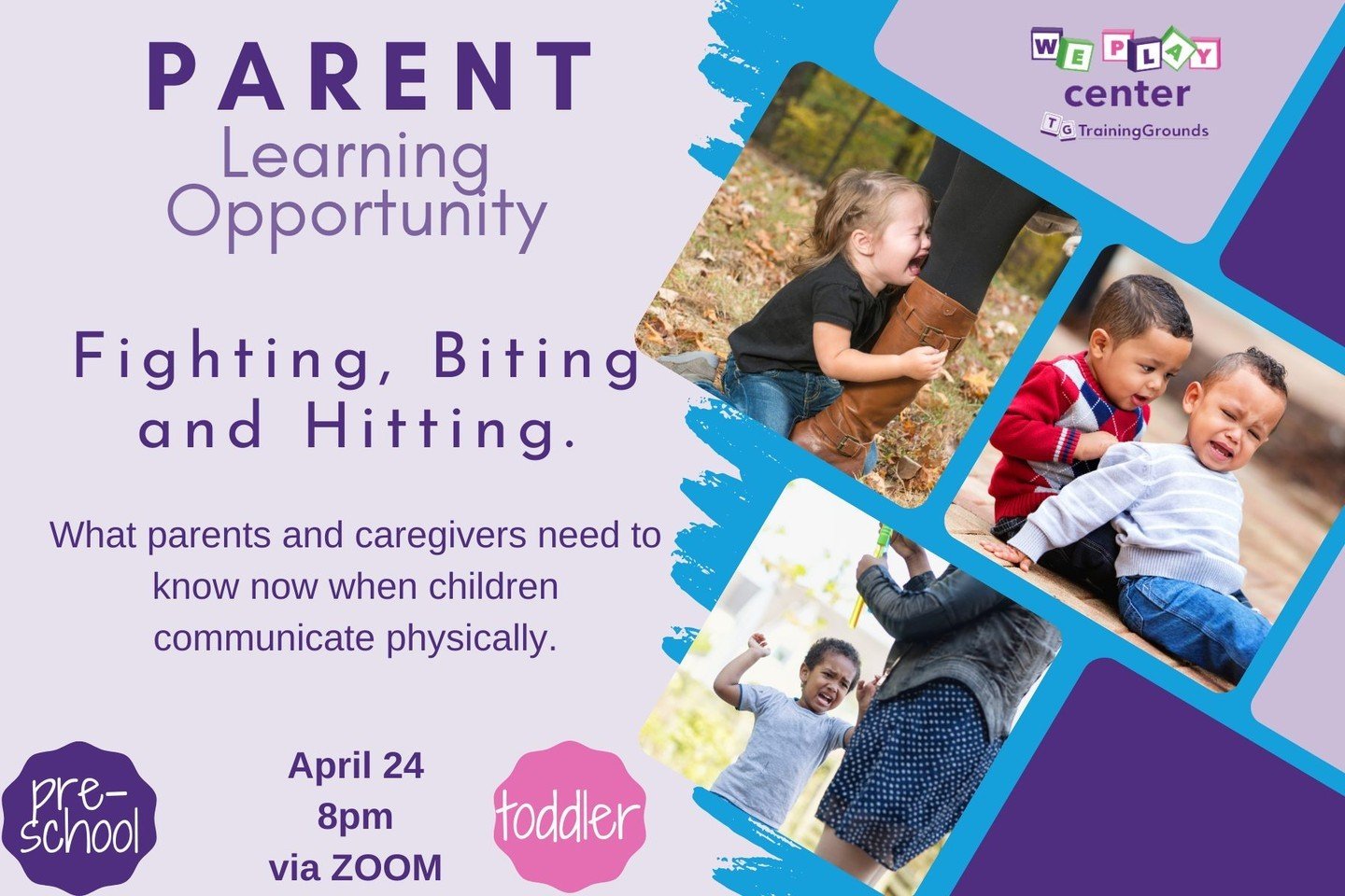 Join us Tomorrow for a fantastic Parent Learning Opportunity!

Exploring the reasons behind toddler hitting and biting unveils valuable insights into their emotions, communication, and developmental needs.

Register now by clicking the link in the bi