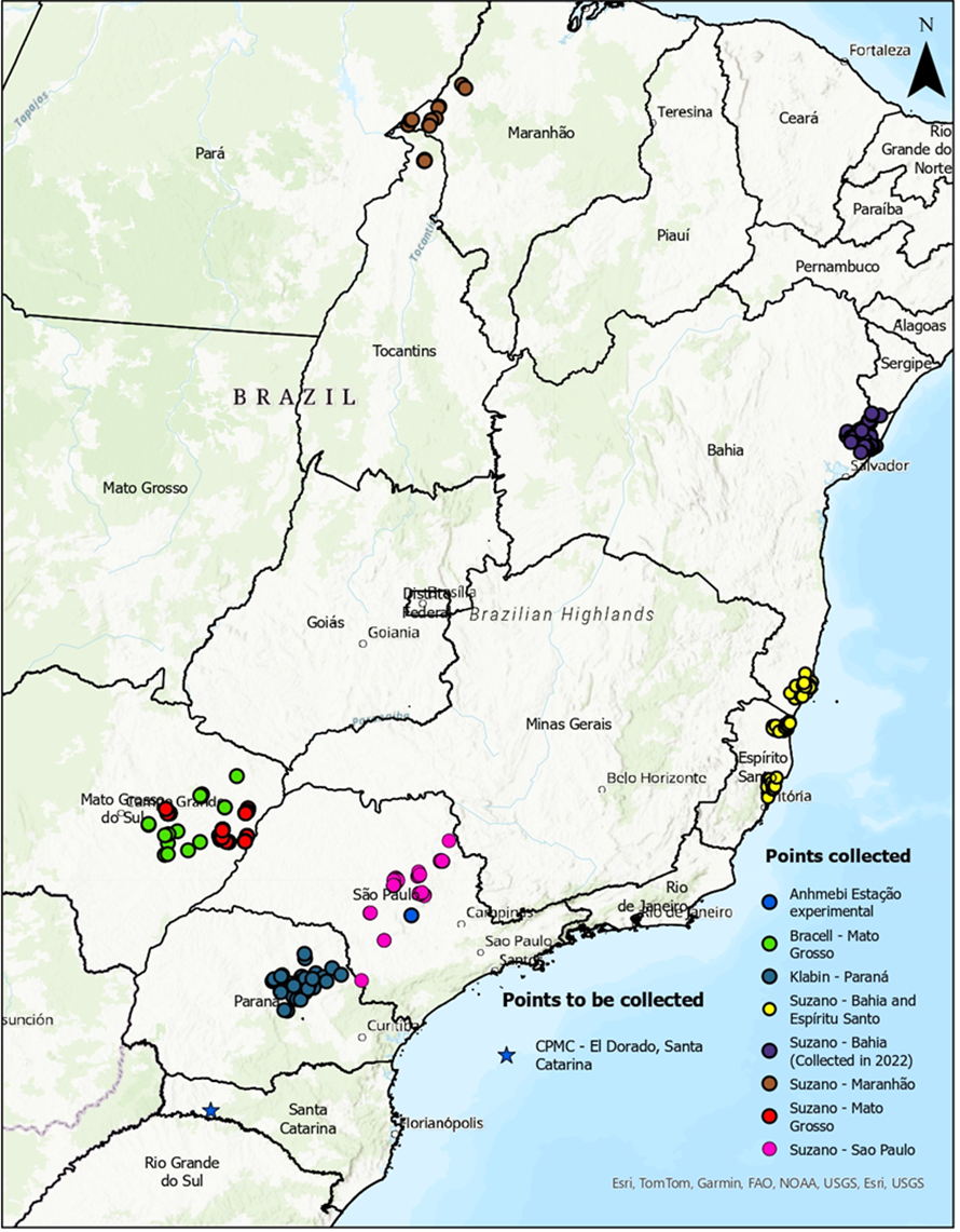 Spatial distribution of the study sites for the soil carbon project in Brazil.