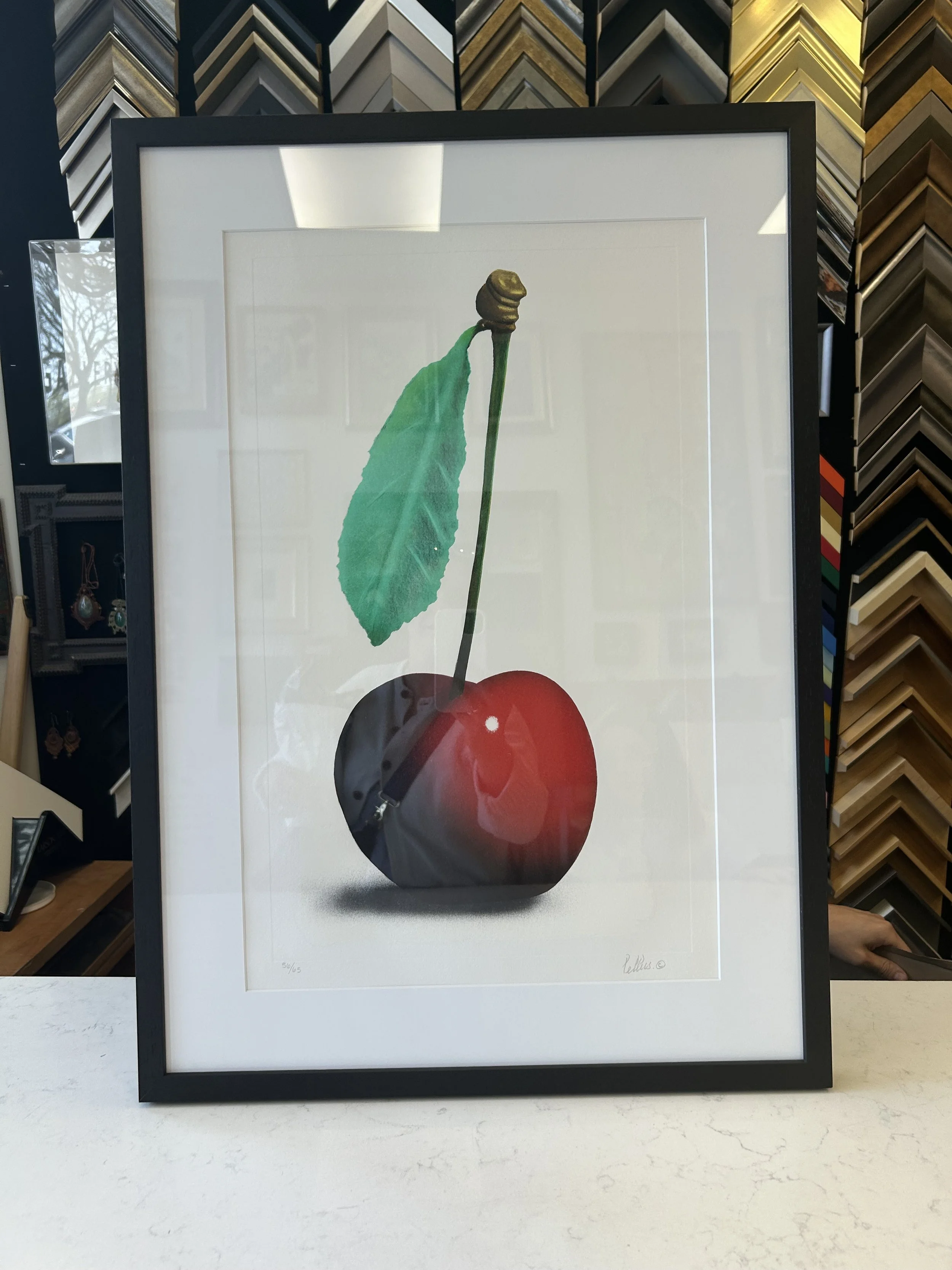Custom-Framed True Lithograph - “Single Cherry” (17.5” X 25”) By Michel Pellus