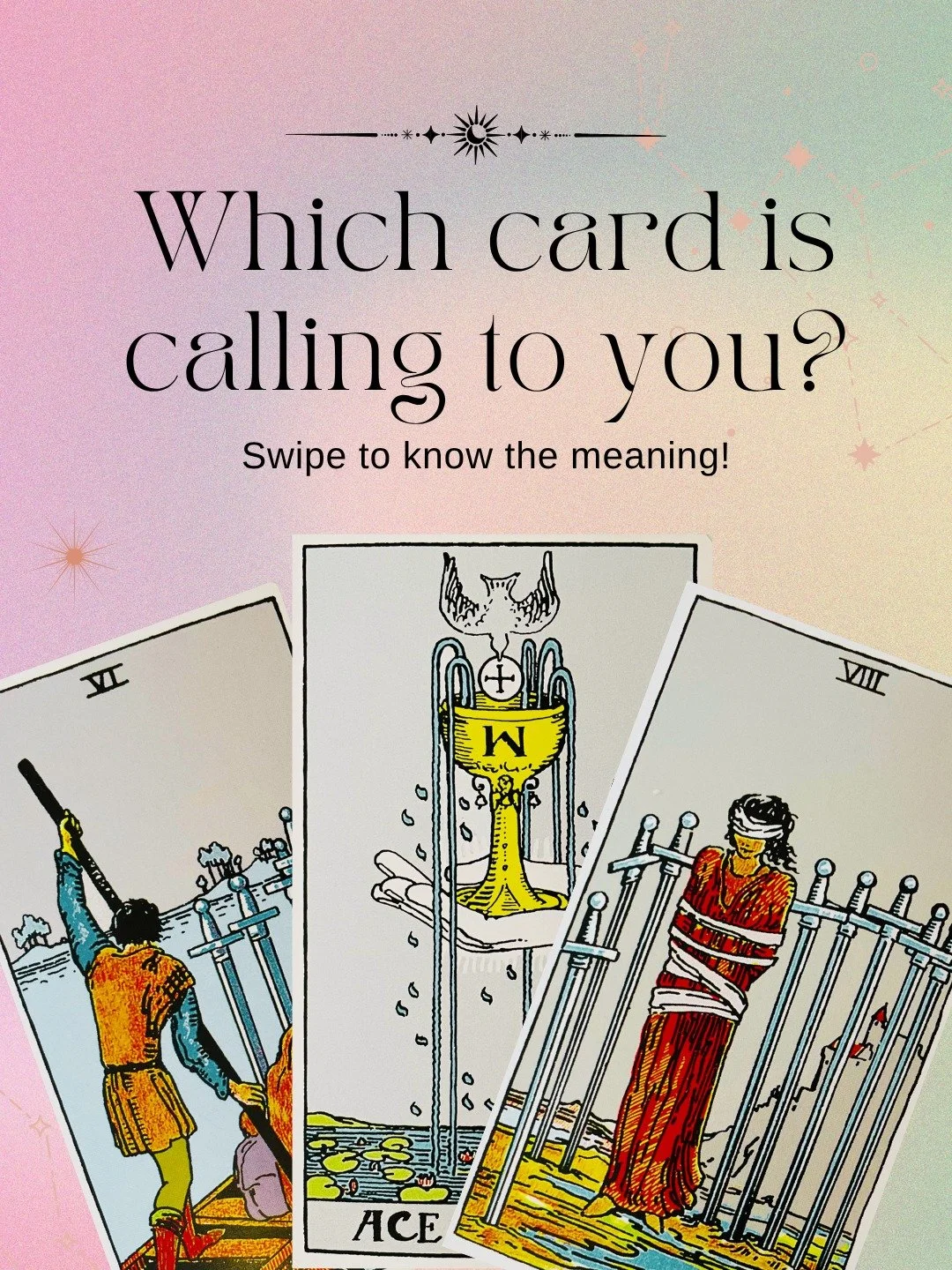 What is the next step toward a life that feels more like you?

Take a breath, look at the three cards, and choose the one you feel most drawn to:

⚔️ Six of Swords
🏆 Ace of Cups
⚔️ Eight of Swords

Swipe to discover the tarot message connected to yo