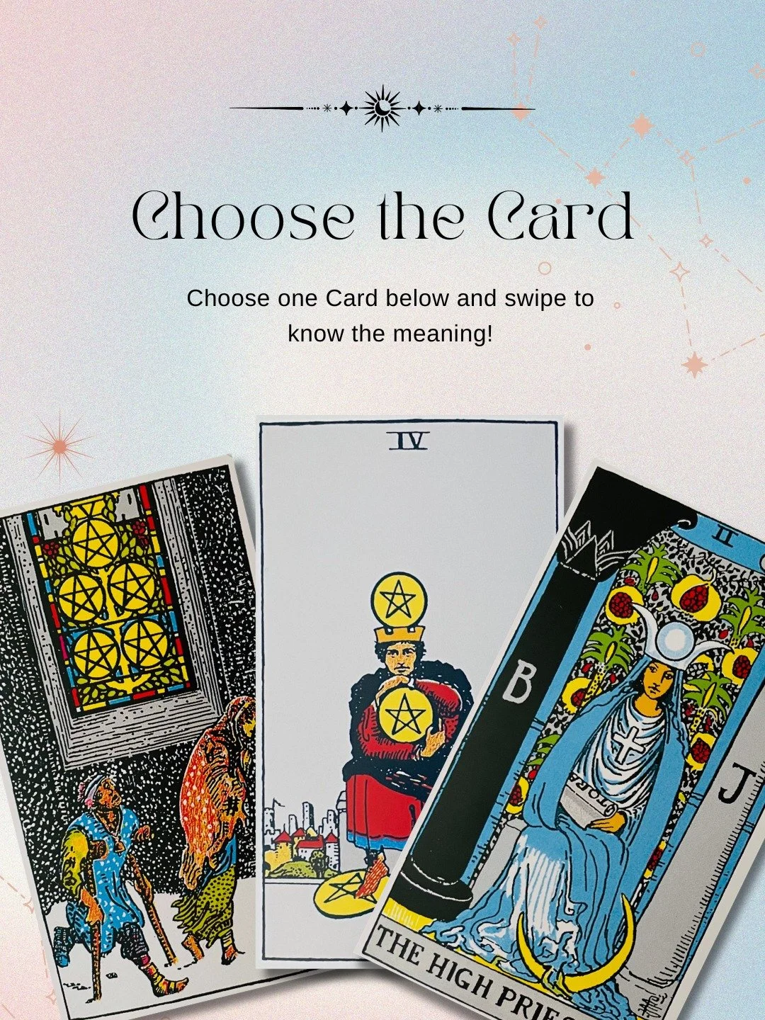 What is your next step in the great work of your life? Pick the card you're most drawn to.

🟡  5 of Pentacles
🟡  4 of Pentacles
🌙 The High Priestess

Swipe to discover your message.

Tarot, for me, isn't about predicting the future. It's about slo