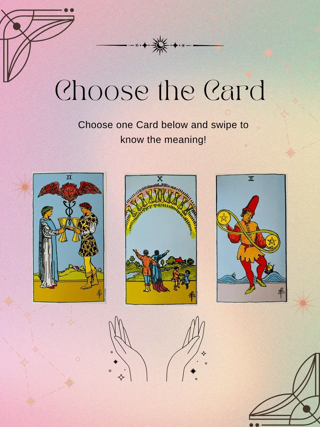 What needs your attention today? Pick the card you're most drawn to.

🏆 2 of Cups
🏆 10 of Cups
🪙 2 of Pentacles

Swipe to discover your message.

Tarot, for me, isn't about predicting the future. It's about slowing down, paying attention, and lear