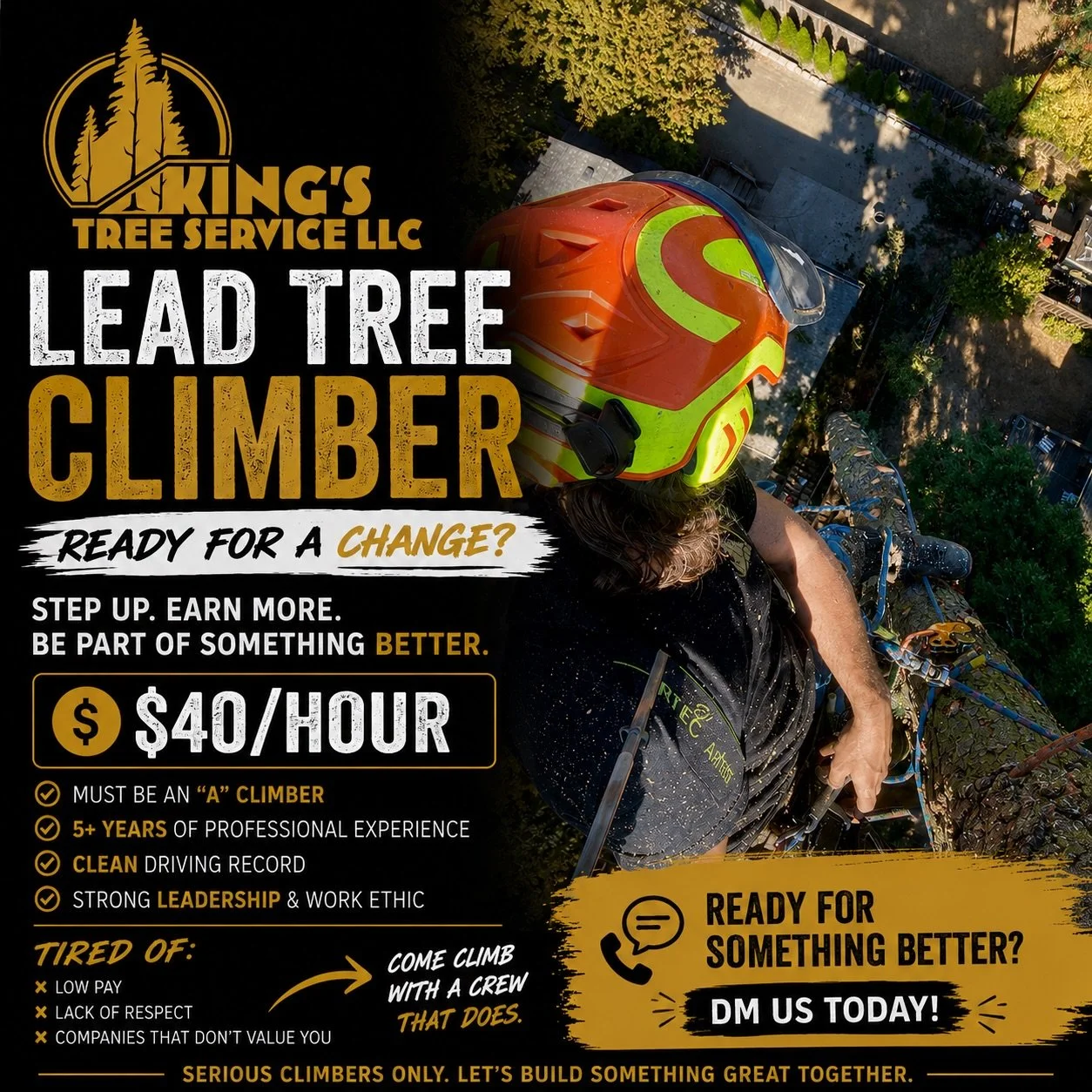 🚨 WE&rsquo;RE HIRING A LEAD TREE CLIMBER 🚨

King&rsquo;s Tree Service is hiring immediately for a Lead Climber position.

We&rsquo;re looking for a true &ldquo;A&rdquo; climber with:
&bull; 5+ years of professional climbing experience
&bull; Strong