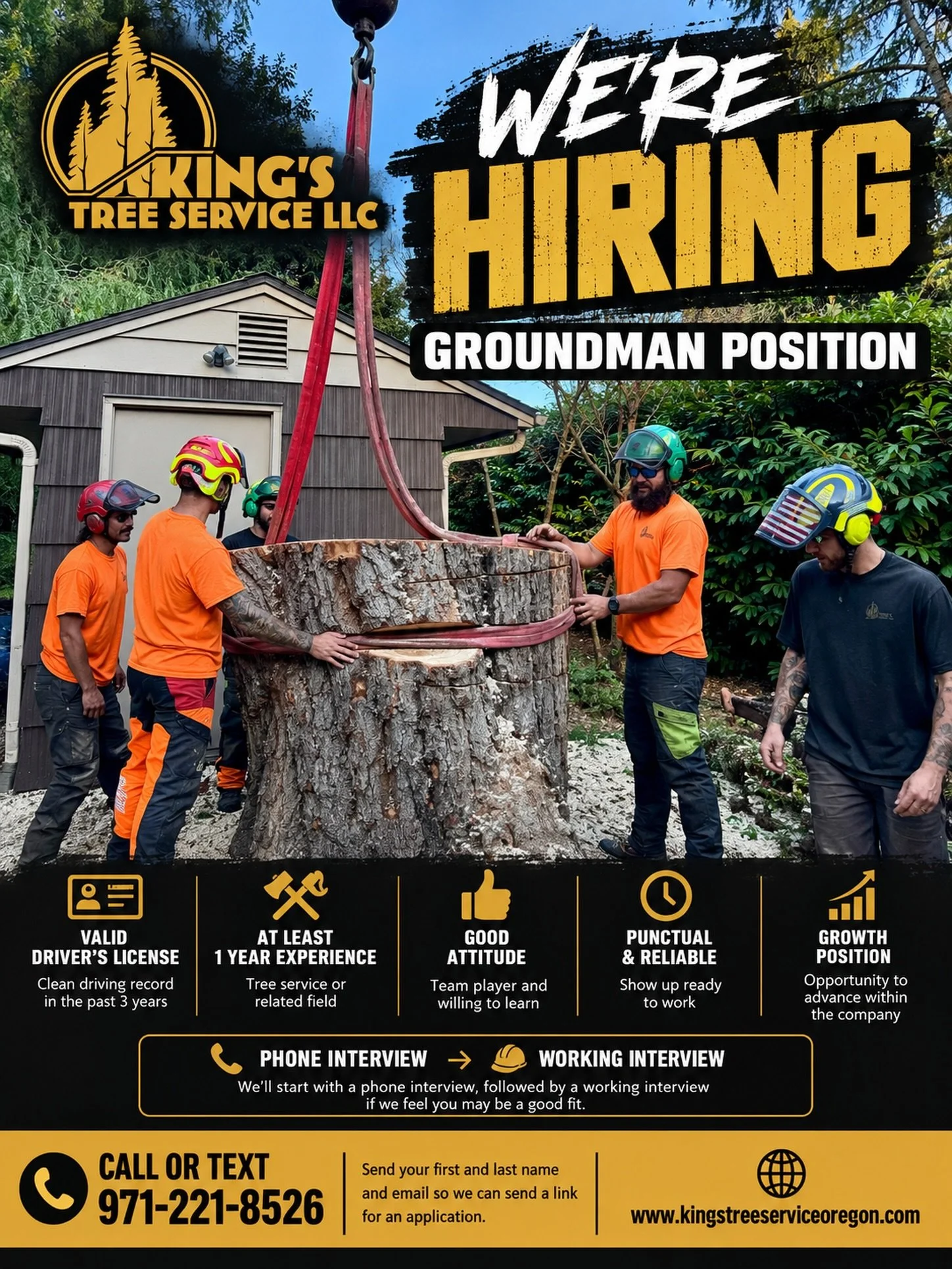 🌲 WE&rsquo;RE HIRING &mdash; GROUNDMAN 🌲

King&rsquo;s Tree Service LLC is looking for an experienced, reliable Groundman to join our crew. This is a growth position for someone who wants to build their skills, take on more responsibility, and adva