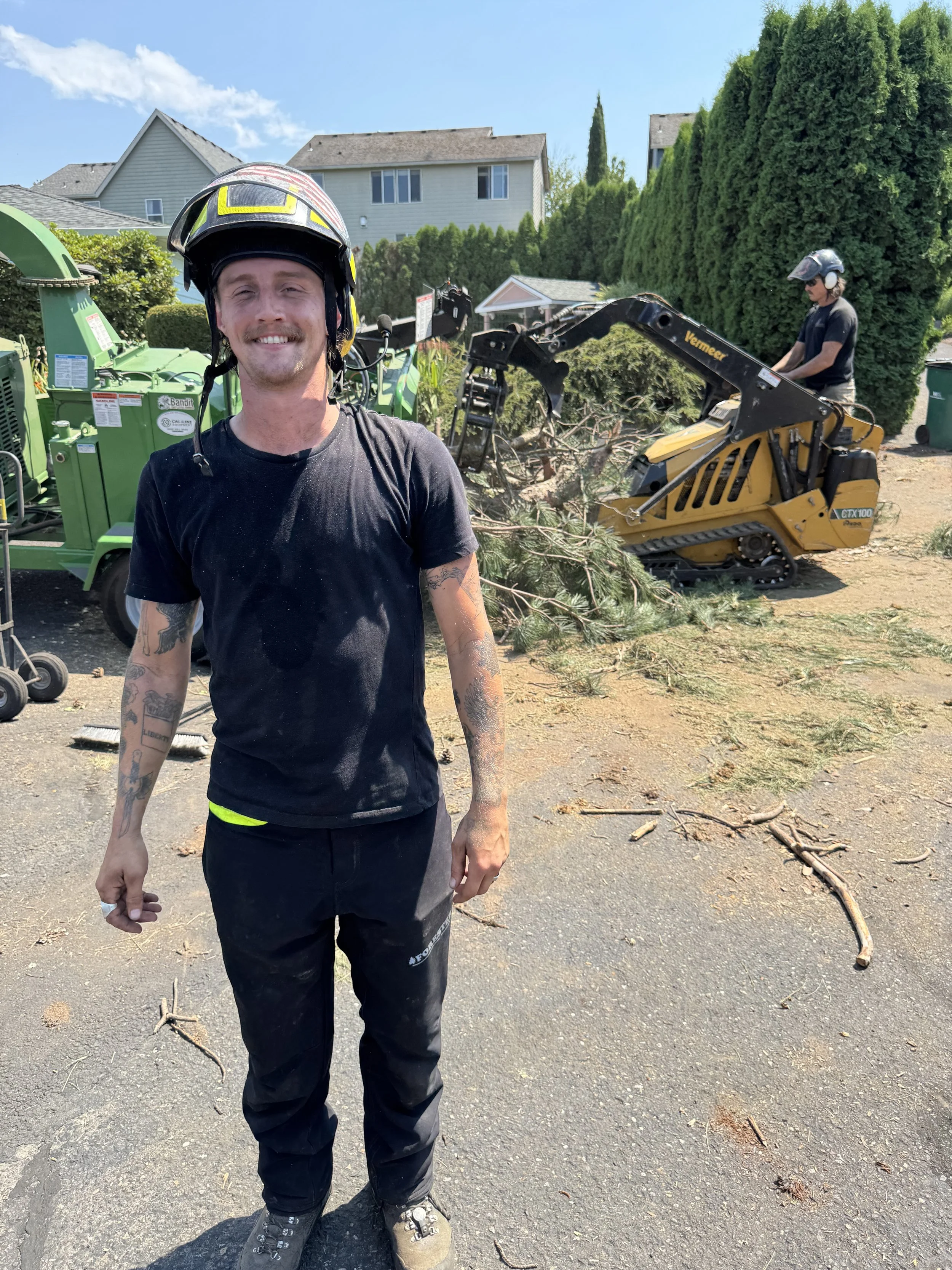 A person wearing a helmet and climbing gear is tree trimming or working in the branches of a tall, leafless tree under a partly cloudy sky.