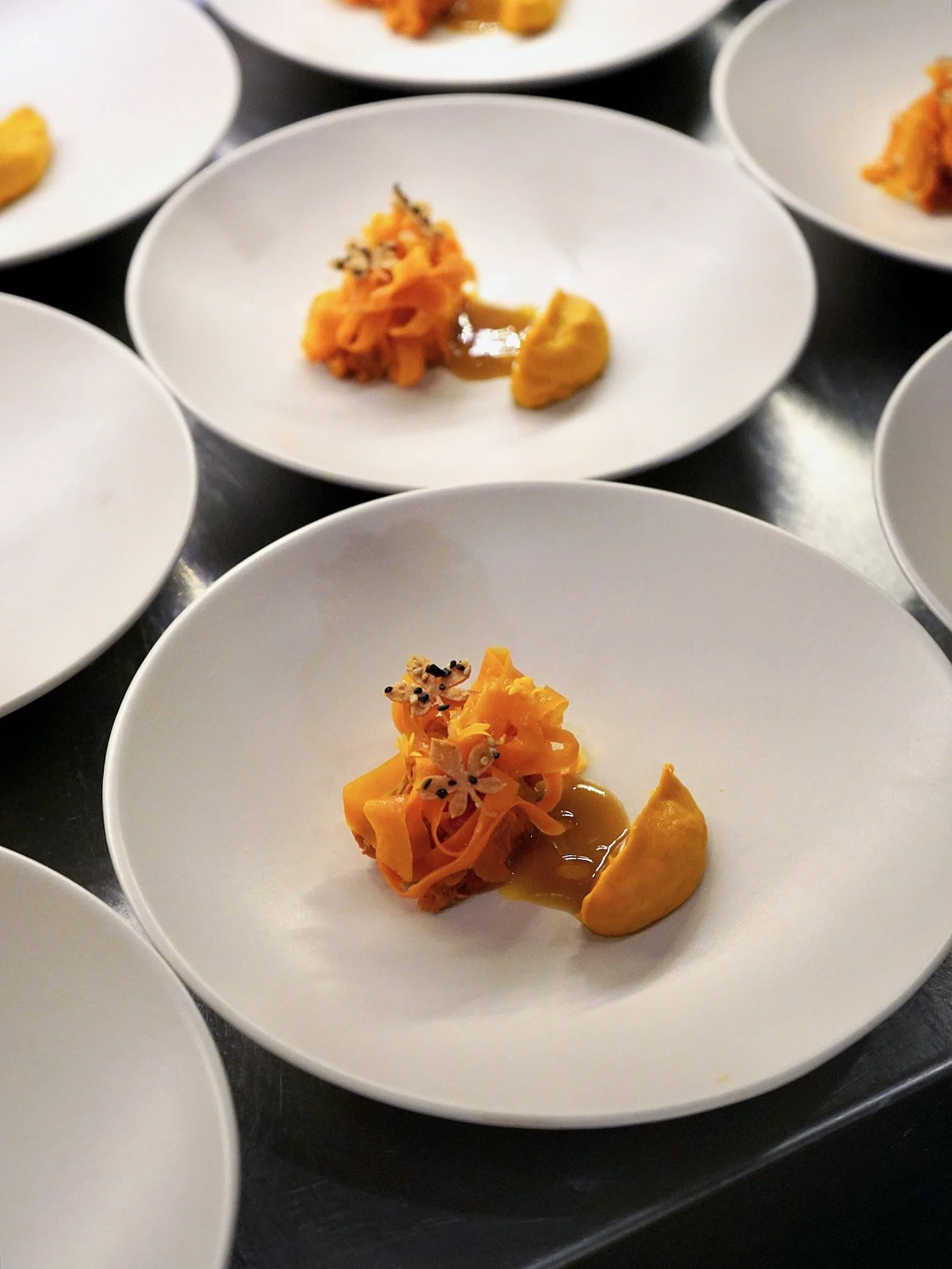 The autumn menu is in full swing! This season&rsquo;s salad course features kosho glazed carrot served with a roast carrot cream and citrus vinaigrette, finished with furikake leaf tuiles 🥕