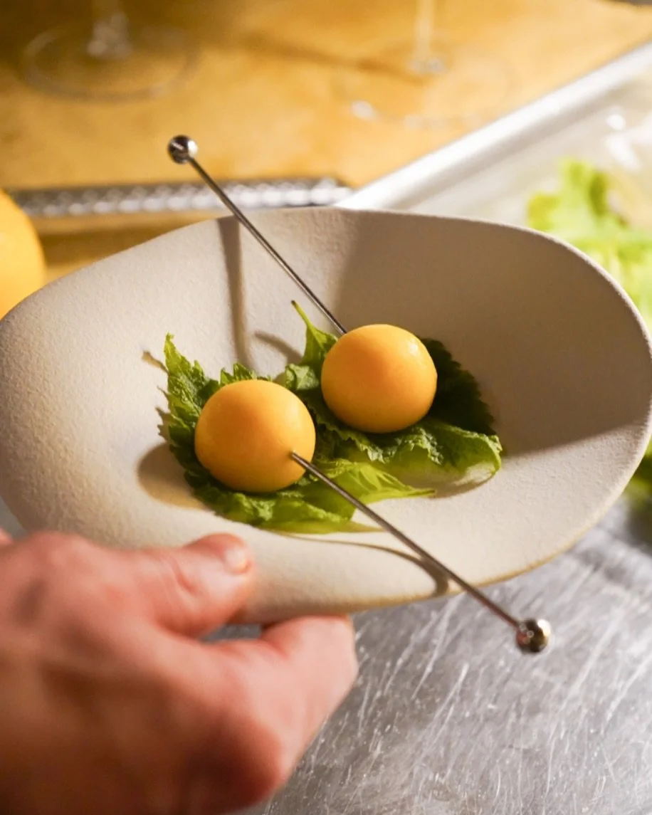 Fresh tangerine and serrano sorbet lollies to cleanse the palate before dessert courses commence - for extra freshness and herbaceous be sure to eat the accompanying shiso leaf 🍃