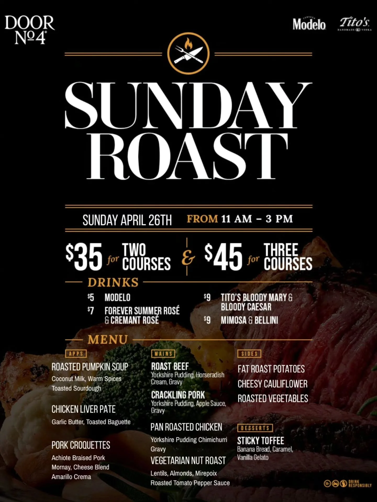 🥳✨ Sunday Roast is back this Sunday, 26th April! 🎉 Join us from 11 AM to 3 PM to indulge in our mouthwatering two or three-course menu for just $35 or $45! 

🍽️ Enjoy our classic roast beef with Yorkshire puddings and all the trimmings, or try our