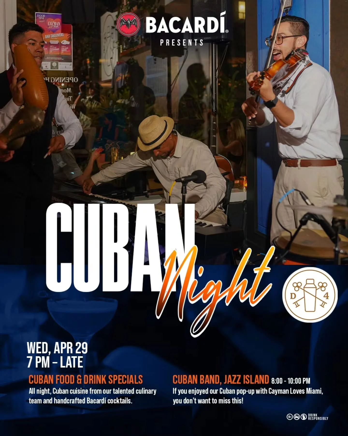 Join us this Wednesday 29th April for Cuban Night at Door No.4 with the incredible sounds of Jazz Island taking over once again 🎶✨

Expect nothing but pure rhythm, energy, and that unmistakable Cuban vibe all night long 💃🏽🕺🏽

Good music. Good pe