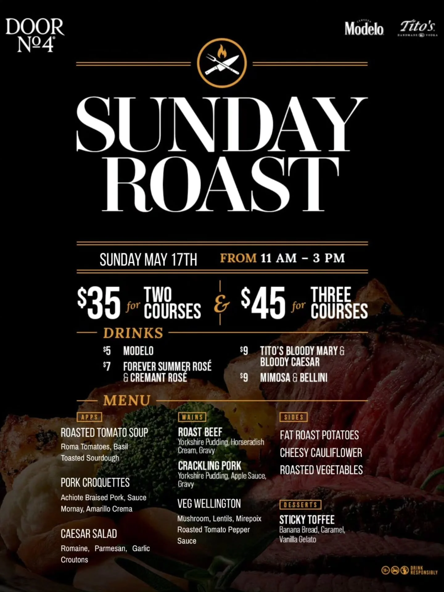 🥳✨ Sunday Roast is back this Sunday, May 17! 🎉 Join us from 11 AM to 3 PM to indulge in our mouthwatering two or three-course menu for just $35 or $45! 

🍽️ Enjoy our classic roast beef with Yorkshire puddings and all the trimmings, or try our fan