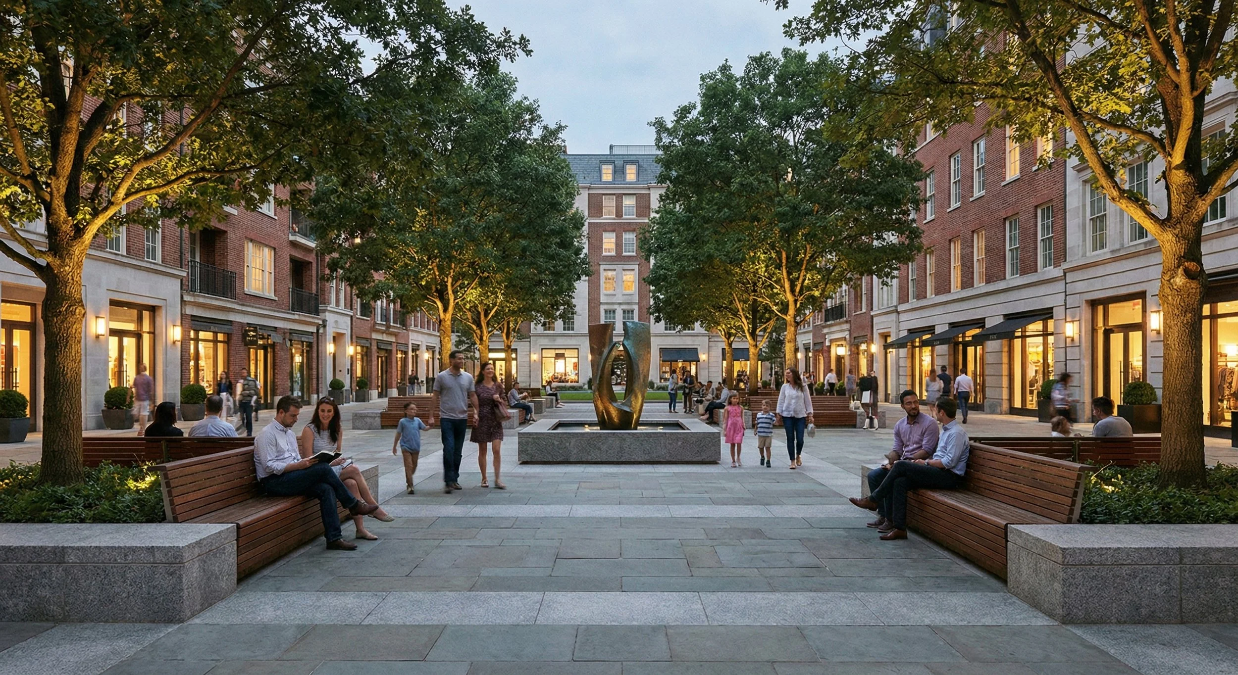 Luxury mixed-use plaza with stone pavers and trees, illustrating how high-quality design drives real estate ROI.