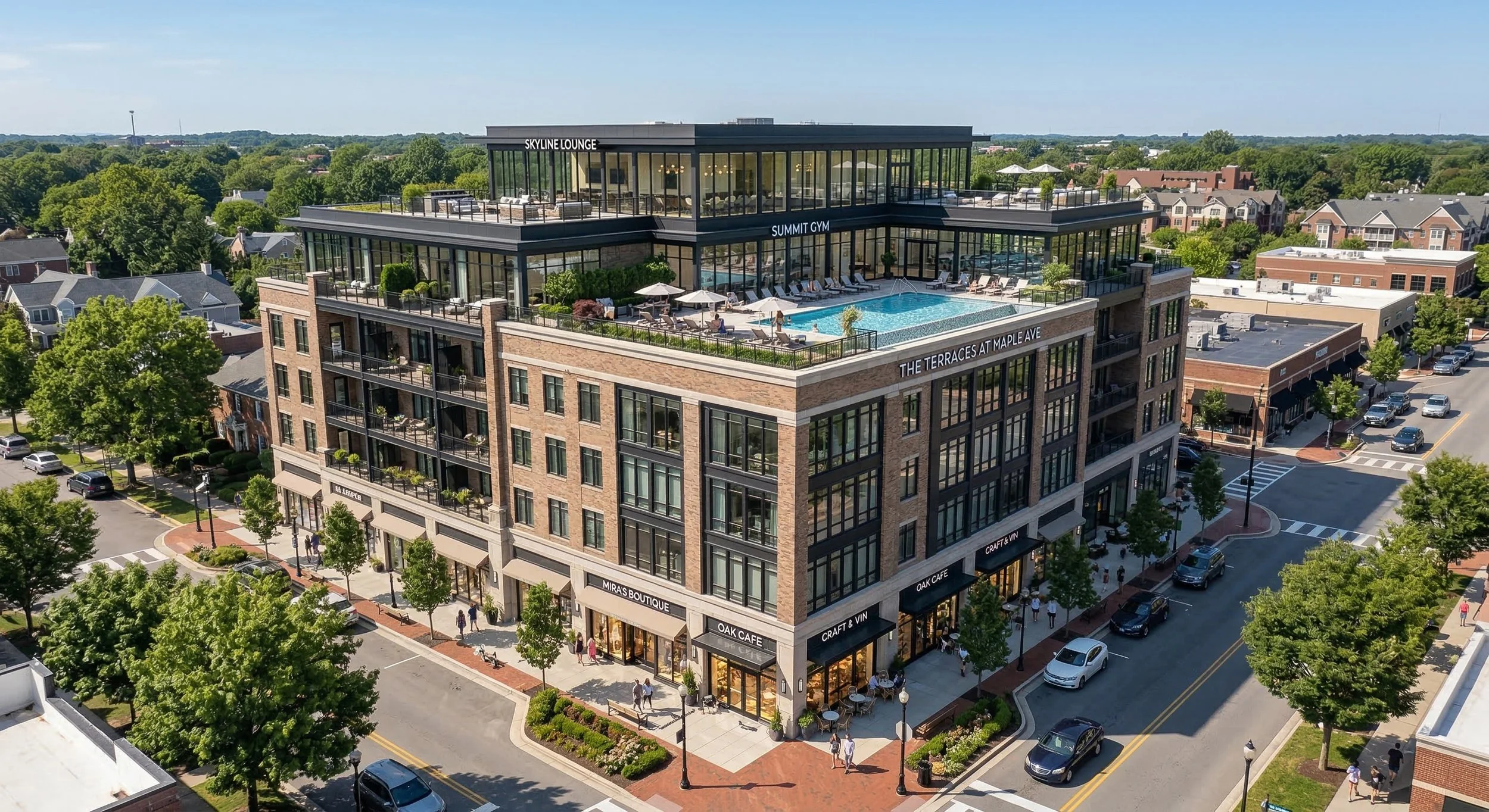 Aerial rendering of a 5-story contemporary brick and steel mixed-use building featuring ground-floor retail cafes, residential balconies, and a 4th-floor outdoor pool deck.