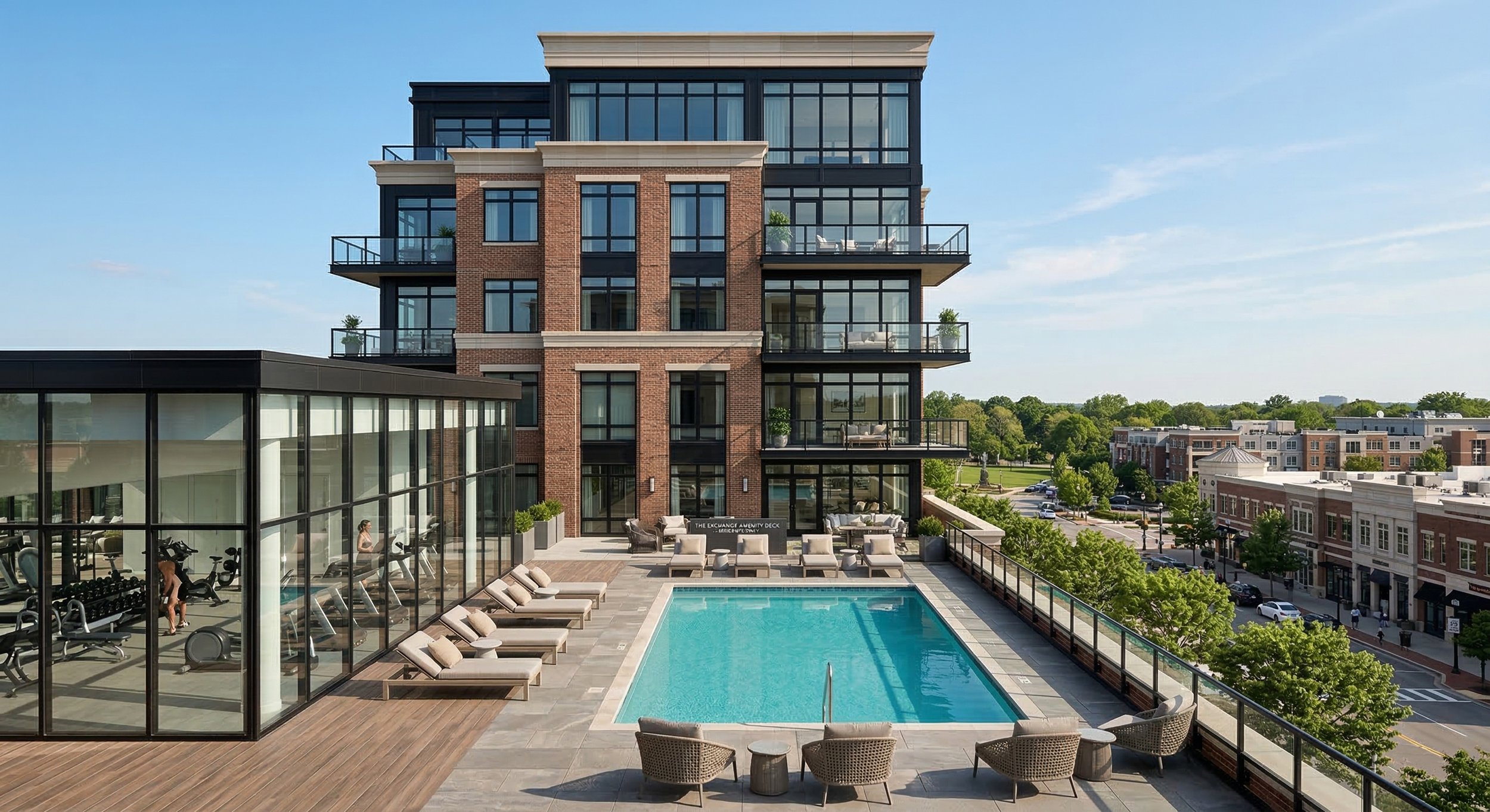 Aerial rendering of a building's 4th-floor amenity deck, featuring an outdoor swimming pool, lounge area, and a large glass-enclosed gym with exercise equipment.